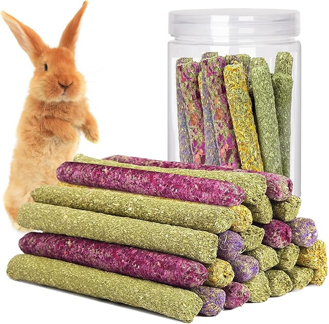 SUPERFA 30 Pcs Timothy Hay Sticks, Rabbit Toys Boredom Breaker, Multiple Flavors of Rabbit Chew Toys, Suitable for Small Animals to Chew Treats, A Toy for Rabbits, Hamsters, Gerbils, and Guinea Pigs.
