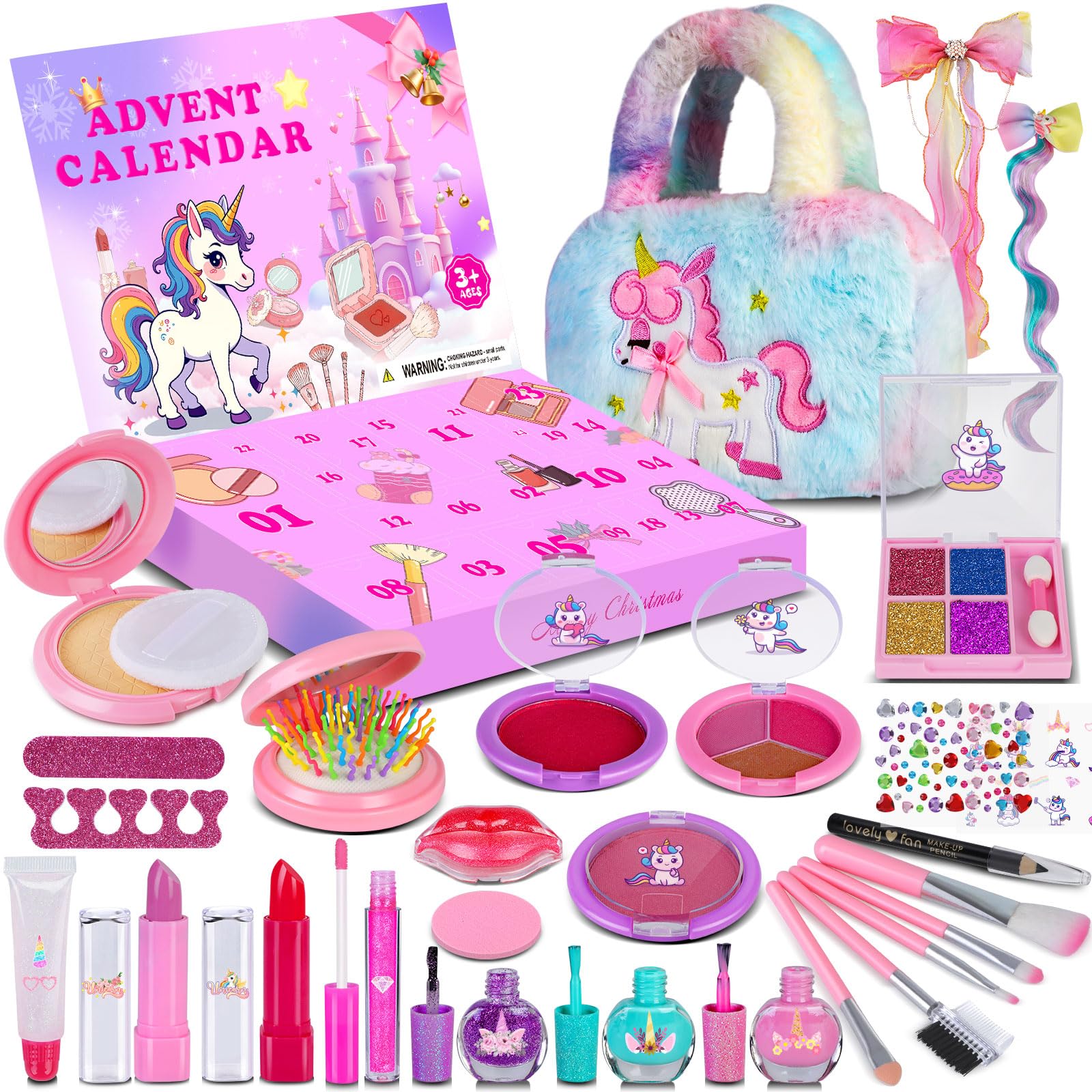 EPUMP Make-up Advent Calendar 2025 for Girls - 24 Days Christmas Count-down Calendar for Kids Girl - Unicorn Washable Makeup Sets Toys for Girl- Xmas Surprise Gift with Unicorn Bag