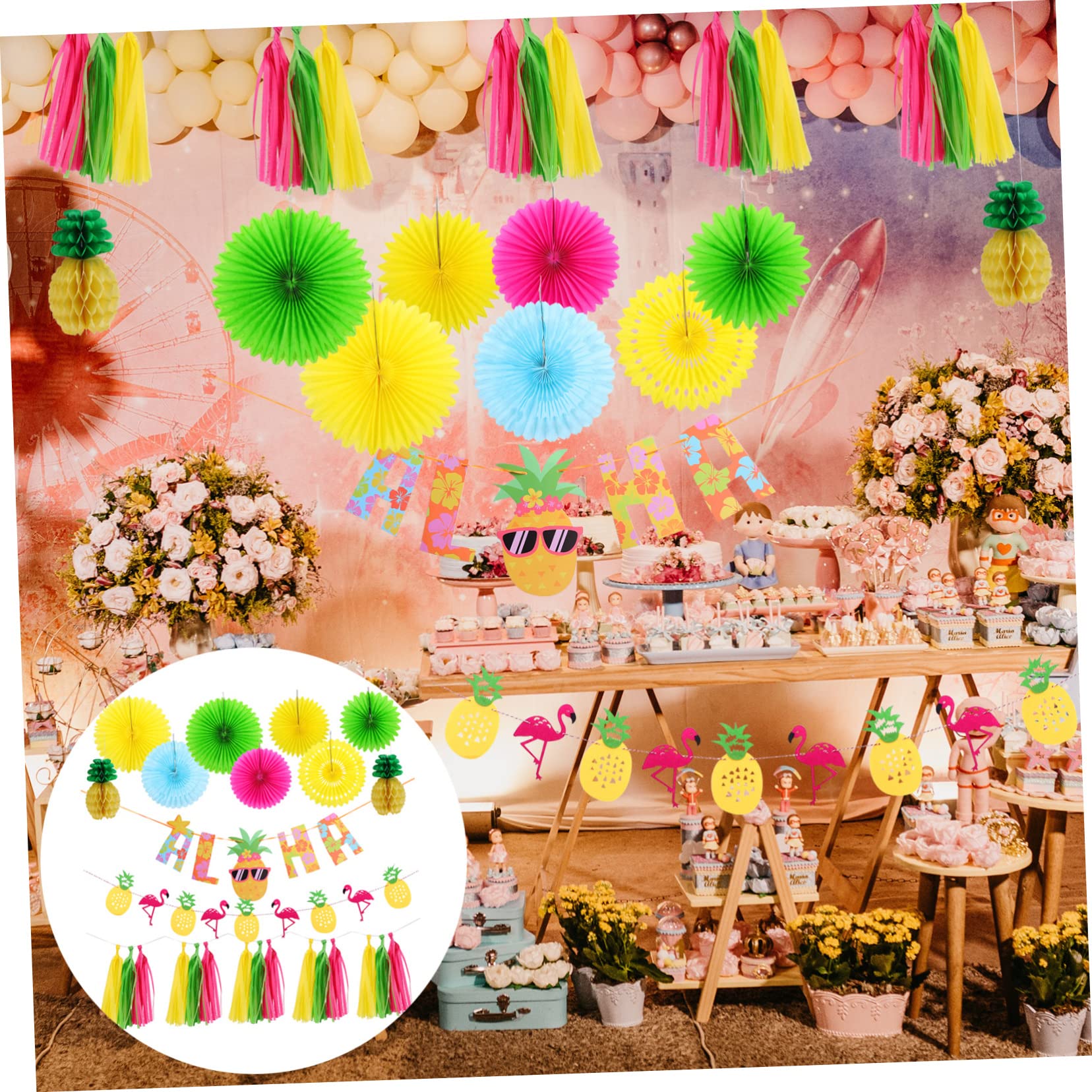 Pallone Decorativo Estivo Hawaiano Frutto Ananas e Ghirlanda Aloha per Feste Estive