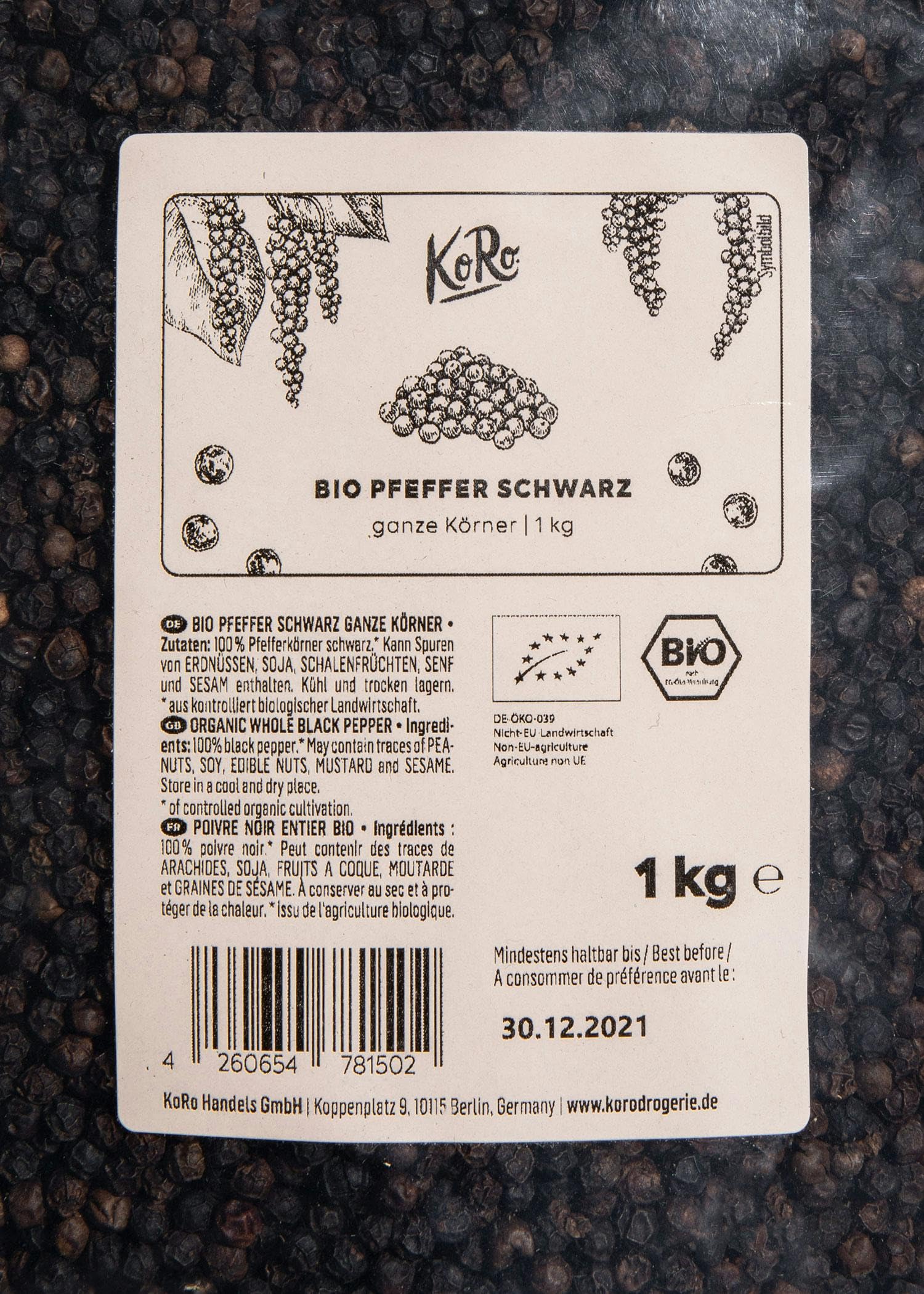 KoRo - Poivre noir bio en grains entiers 1 kg
