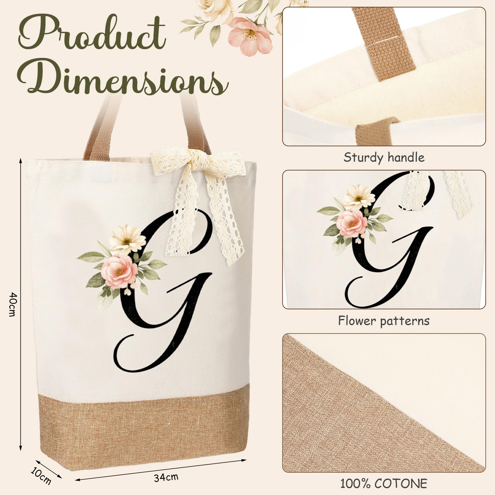 Kacctyen Initial Letter Gifts for Women Initial Letter Jute Tote Bag Makeup Bag Mug Keychain Card Birthday Holiday Gifts(G)