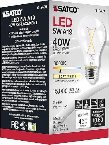 Miniatura 5 de Satco Paquete de 6 lámparas de filamento LED regulables, S12409, lúmenes altos, 5 vatios, A19; transparente; base media; 3000 K; 90 CRI; 120 voltios