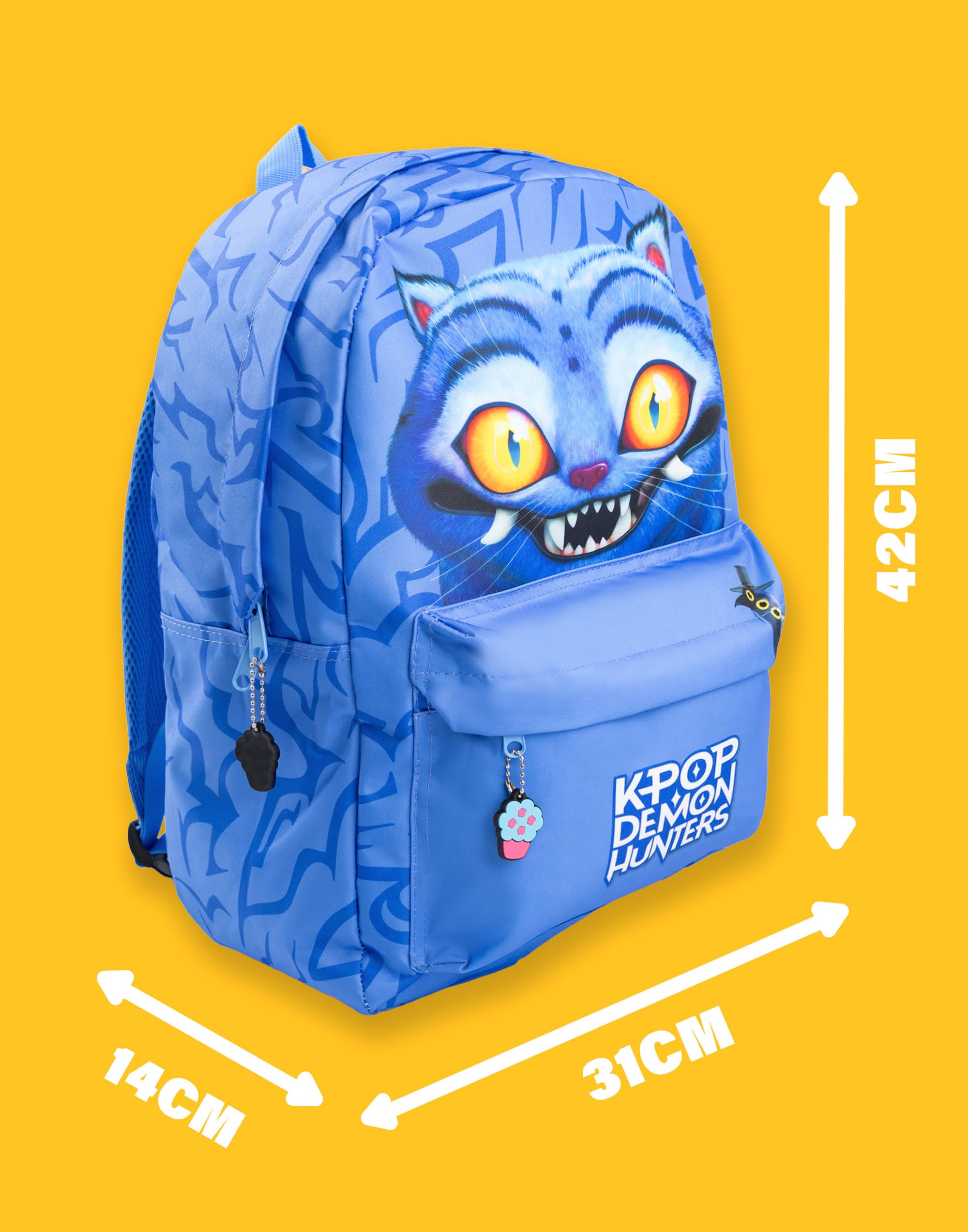 KPop Demon Hunters Mochila azul Derpy Tiger de K-Pop | Mochila escolar infantil con bolsillo frontal con cremallera | Correas acolchadas para los hombros y correa para el pecho | Merchandising