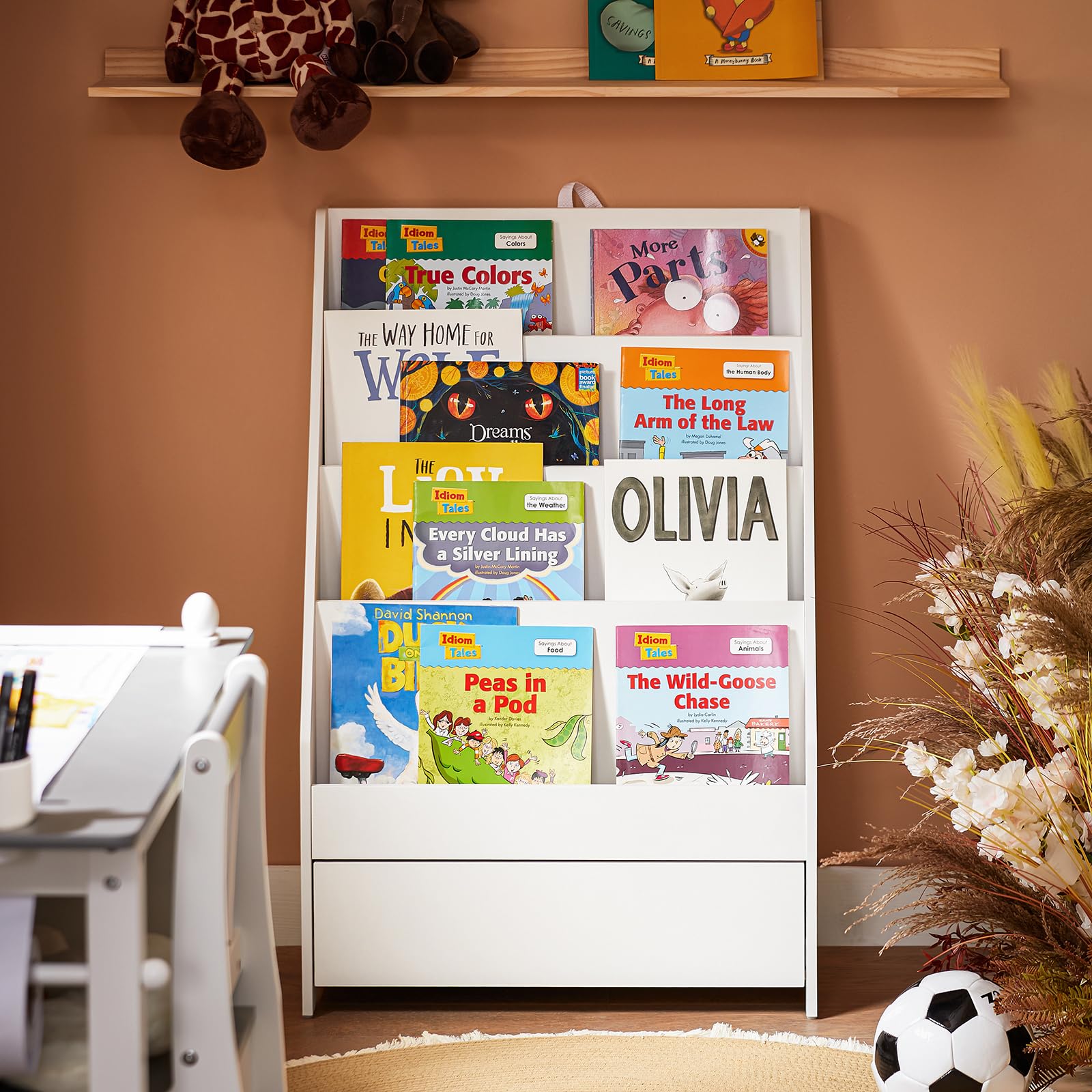 SoBuy KMB112-W regał dziecięcy z 4 półkami, regał na książki, regał stojący, biały, szer. x wys. x gł.: ok. 60 x 93 x 30 cm