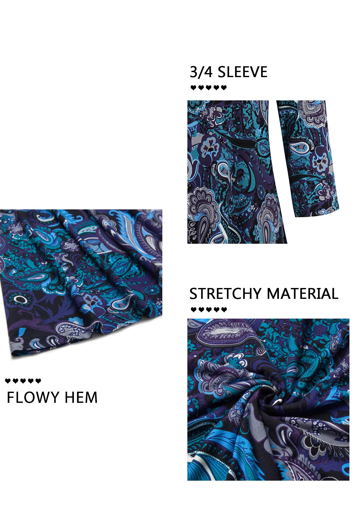 Nandashe Tunique d'été décontractée à manches 3/4 pour femme Motif floral