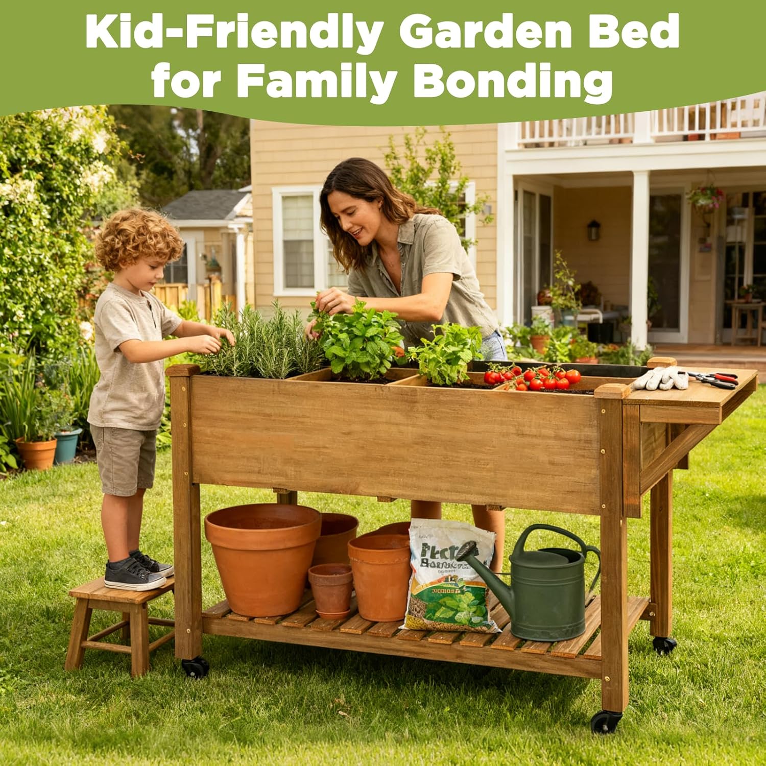 PetsCosset Raised Garden Bed with Wheels, Storage Shelf, Protective Liner, Table Ledge,Outdoor Garden Bed with Legs for Vegetable, Herb, and Flower Cultivation (with Wheels)