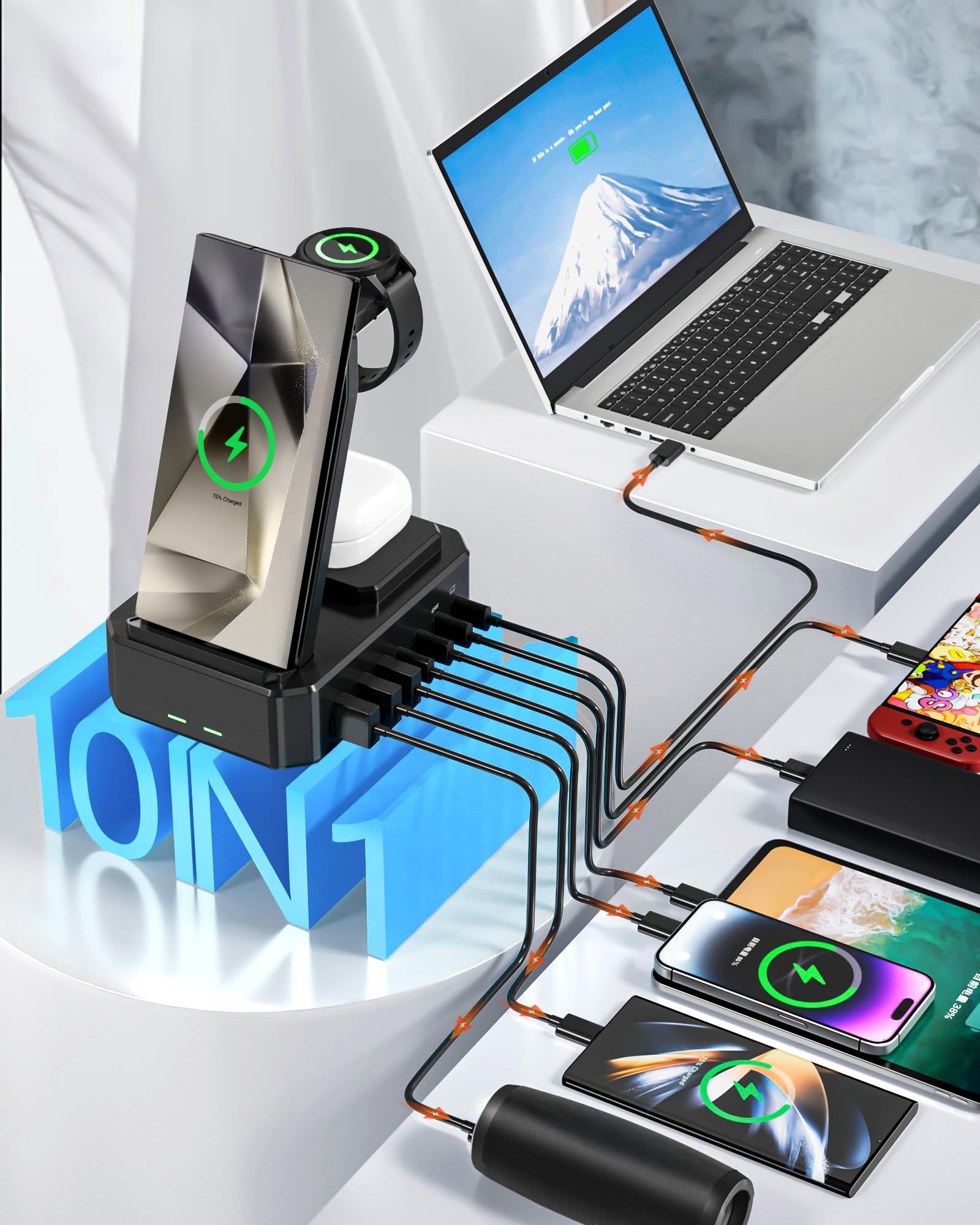 Cargador inalámbrico para Samsung, estación de carga inalámbrica 10 en 1 de 300 W, soporte de carga rápida USB C de 65 W para Samsung S25 Ultra/S24/S23/S22/Note 20, Galaxy Watch Ultra7/6/5, Galaxy