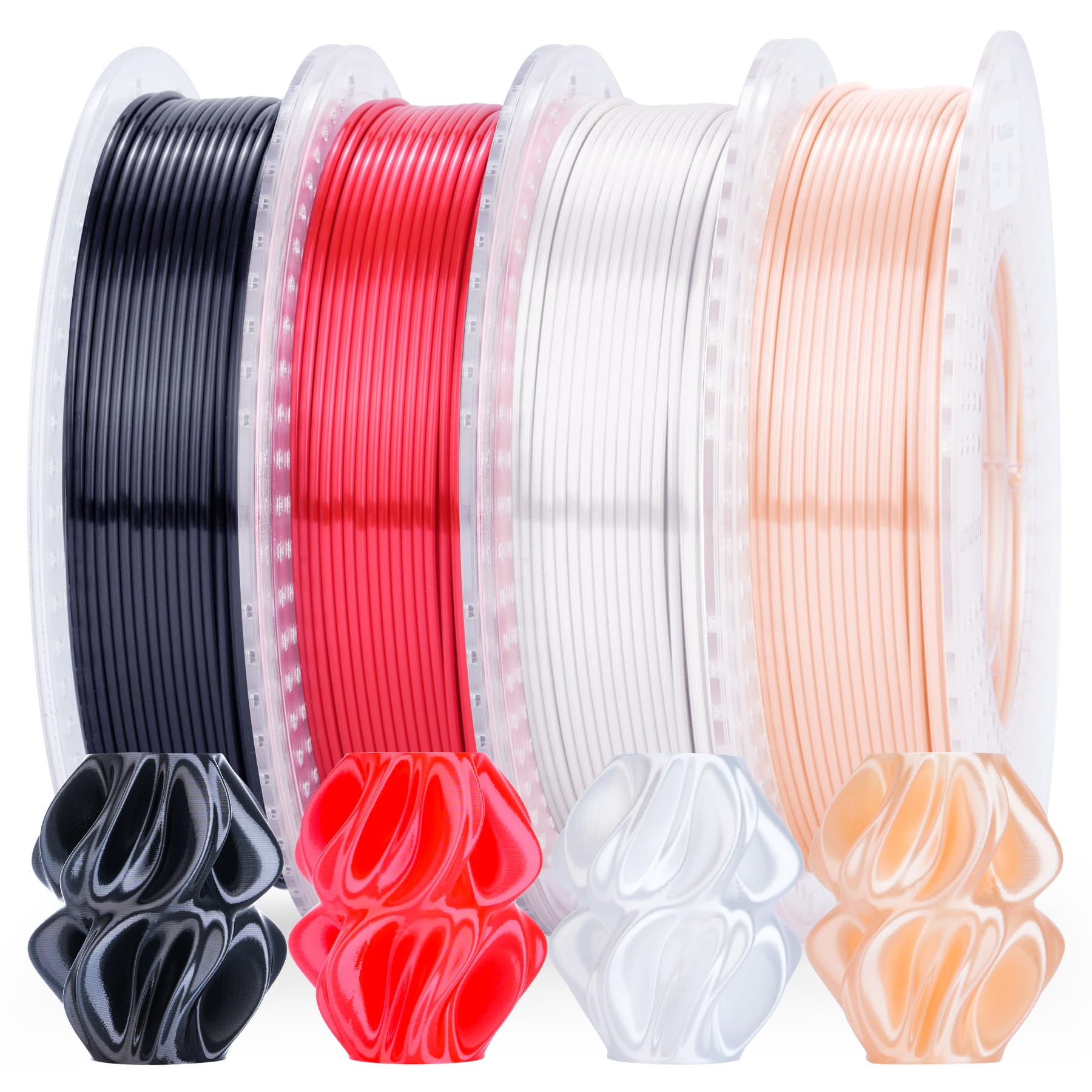 AMOLEN Silk PLA 3D Printer Filament 1.75mm 200g x 4 Spools Bundle, Exclusive Skin/Red/Black/White High Gloss Metallic PLA for Anime Classic Game Hero, Dimensional Accuracy +/- 0.02mm