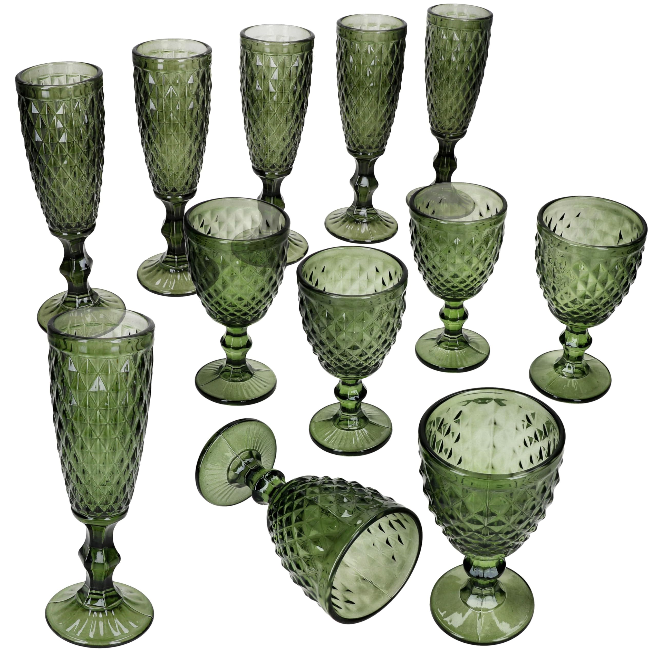 MamboCat Diamond Lot de 12 verres à vin et 6 flûtes à champagne I Verre vert à facettes I Ensemble de verres pour vin, prosecco et champagne I pour les fêtes, Noël, etc.