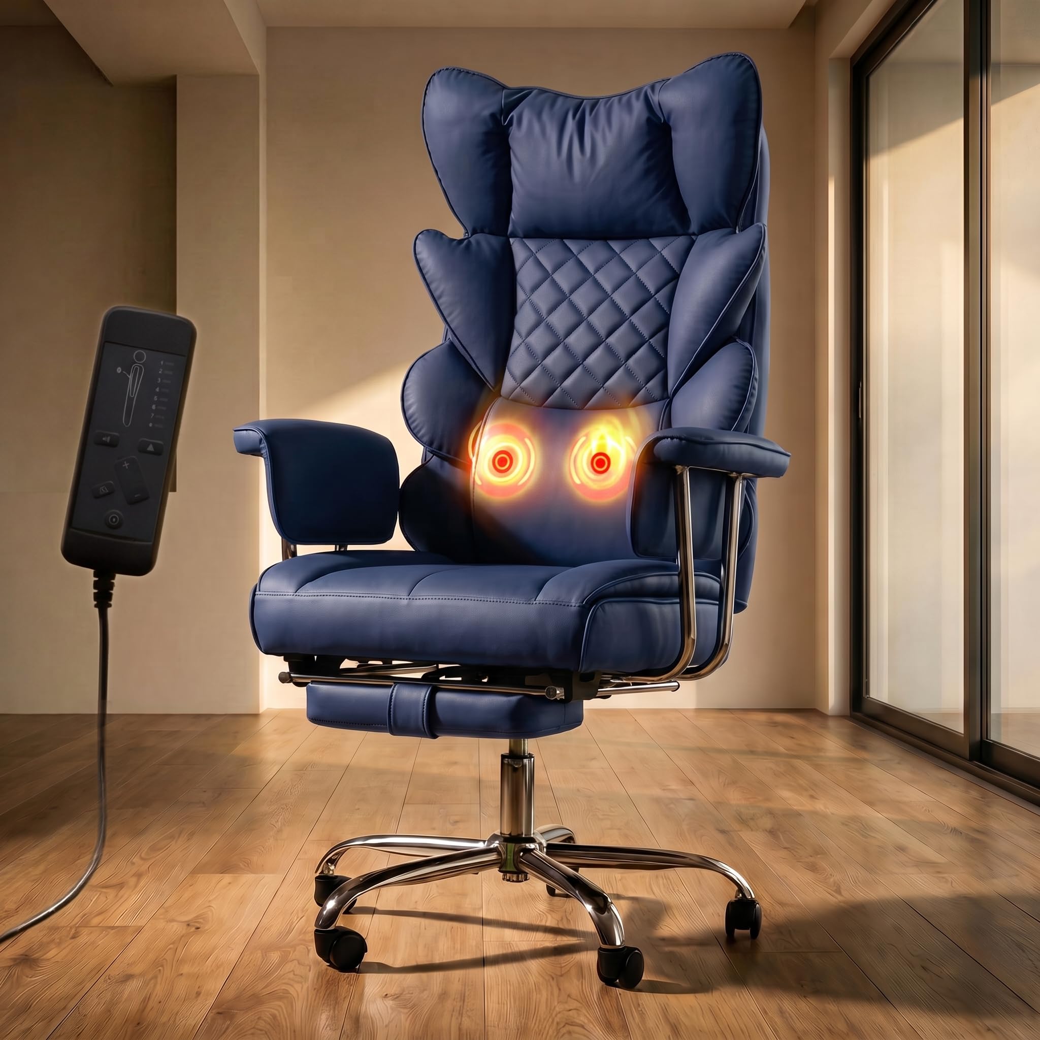 DROGO Monarch-X Massage Office Chair with Vibration & Heat | Big and Tall Ergonomic Executive Computer Chair with PU Leather & 150Reclining | Gaming Chair with Spacious Cushion Seat & Footrest (Blue)