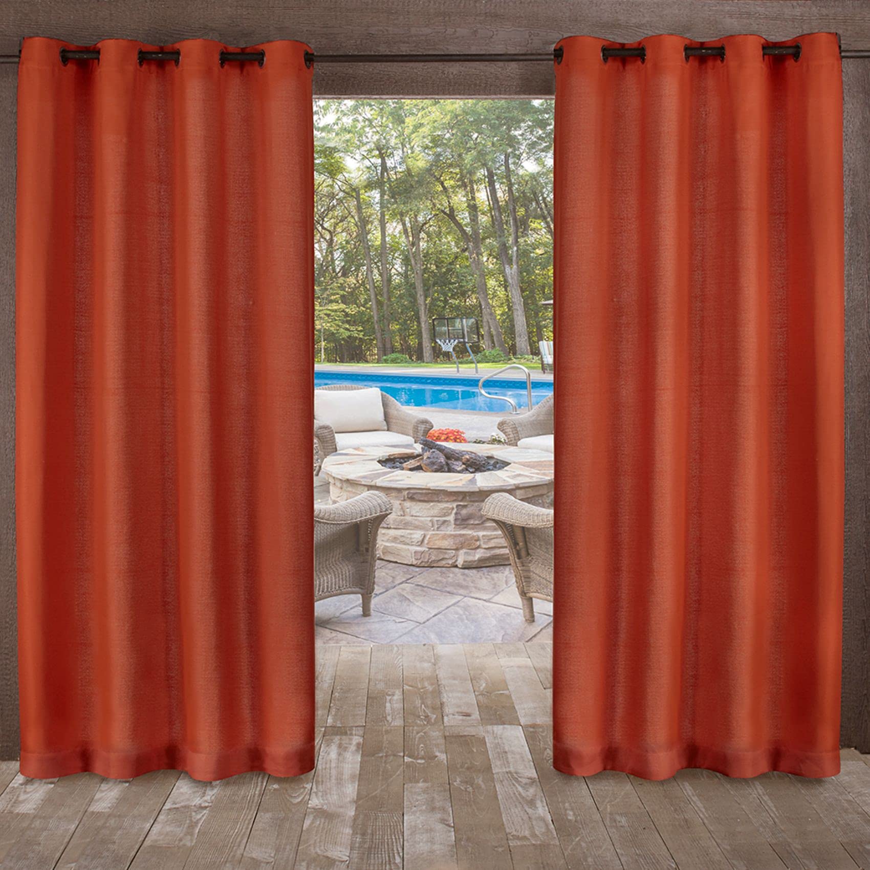 Exclusive Home Delano Heavyweight Textured Indoor/Outdoor Grommet Top Curtain Panel Pair, 54"x96", Mecca Orange