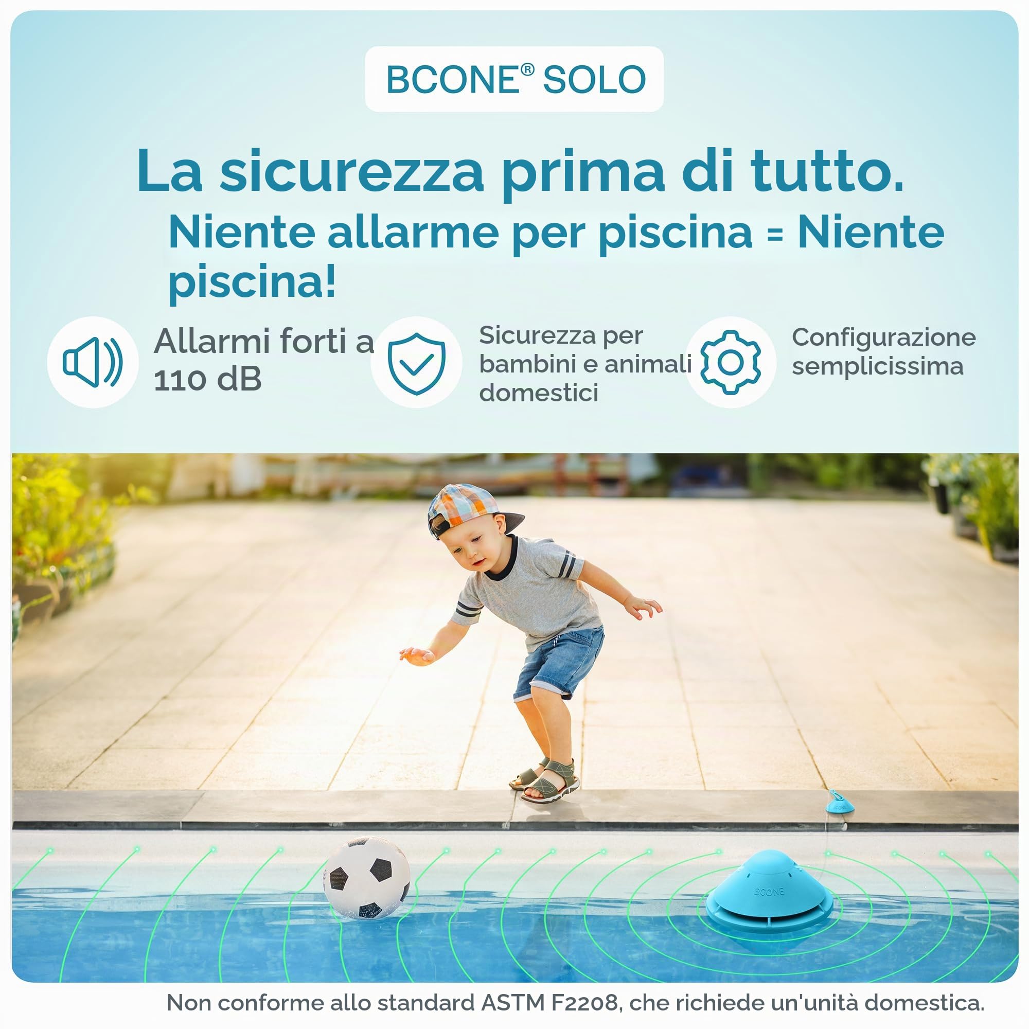 Allarme Piscina Solo, Allarme Smart Pool con App Bluetooth, per Piscine Fuori Terra e In-Terra, Sirena Forte 110 DB, Impermeabile IP68, 3 Anni di Garanzia, Installazione in pochi secondi.