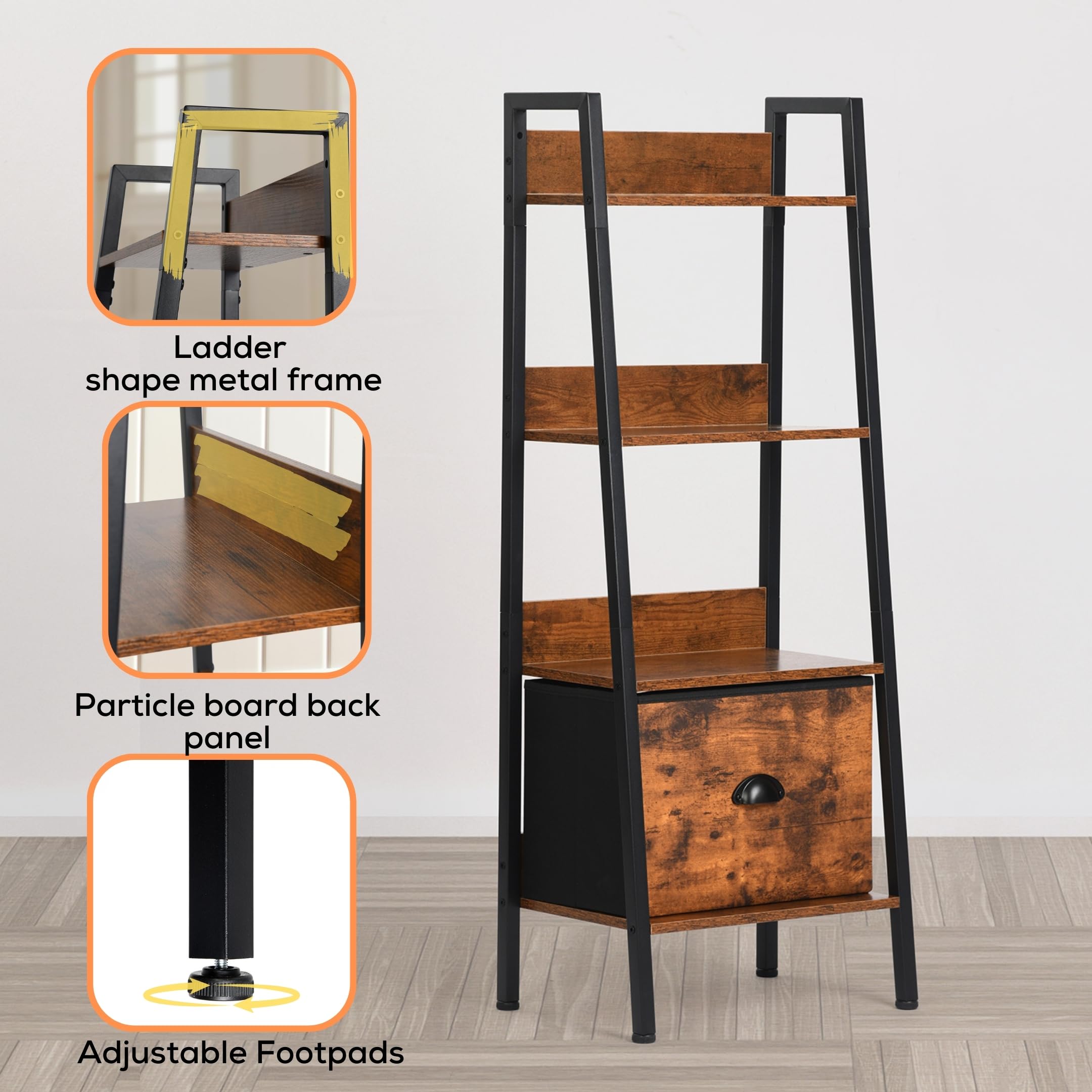 FurnitureR Étagères pour Chambres d'enfants, Étagère à 4 Niveaux avec Tiroirs en Non-Tissé pour Livres et Jouets, Présentoir et Organisateur de Livres, pour Chambre Coin Lecture, 42 x 29 x 110 cm