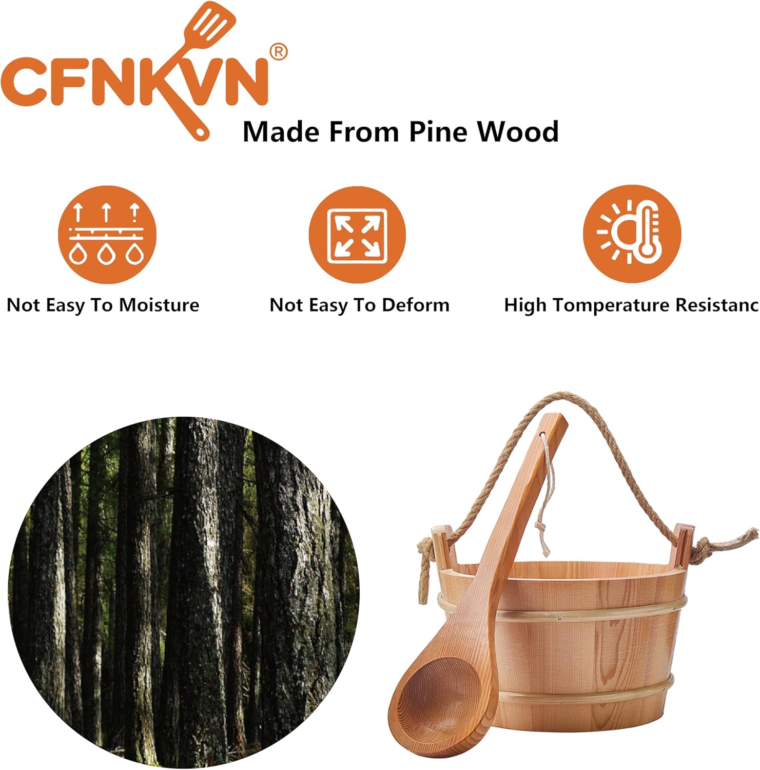 Sauna Bucket and Ladle Set - Handmade from Finnish Pine Wood with Natural Rope Handle, 1 Gallon (4L) Capacity, Traditional Wooden Sauna Accessories for Steam Room & Home Spa
