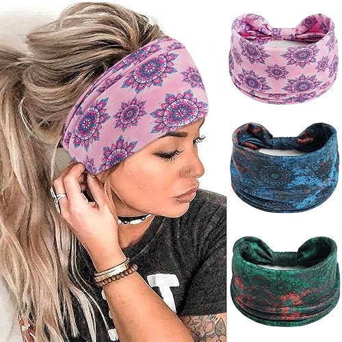 FULZTEY Diademas anchas para mujer, diademas bohemias de moda, color rosa, teñido anudado, elásticas, para yoga, deportes, entrenamiento, bandas
