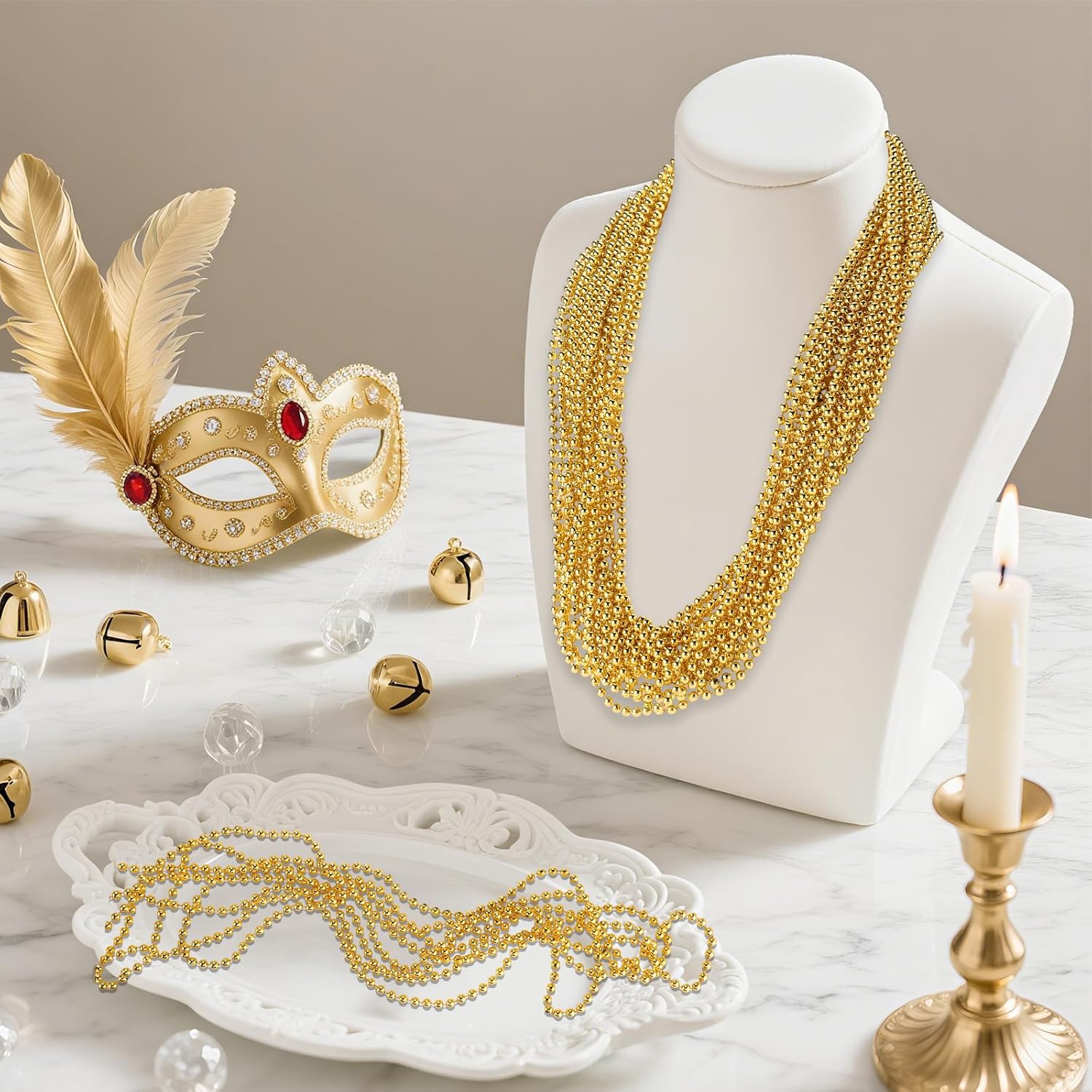220 PCS Gold Bead Necklace, 33 Inch Mardi Gras Christmas Beads, Bulk Metallic Party Beads for Mardi Gras Parade, St Patricks Day, Wedding, Birthday, Pirate Party, Carnival Party Favors - Image 4