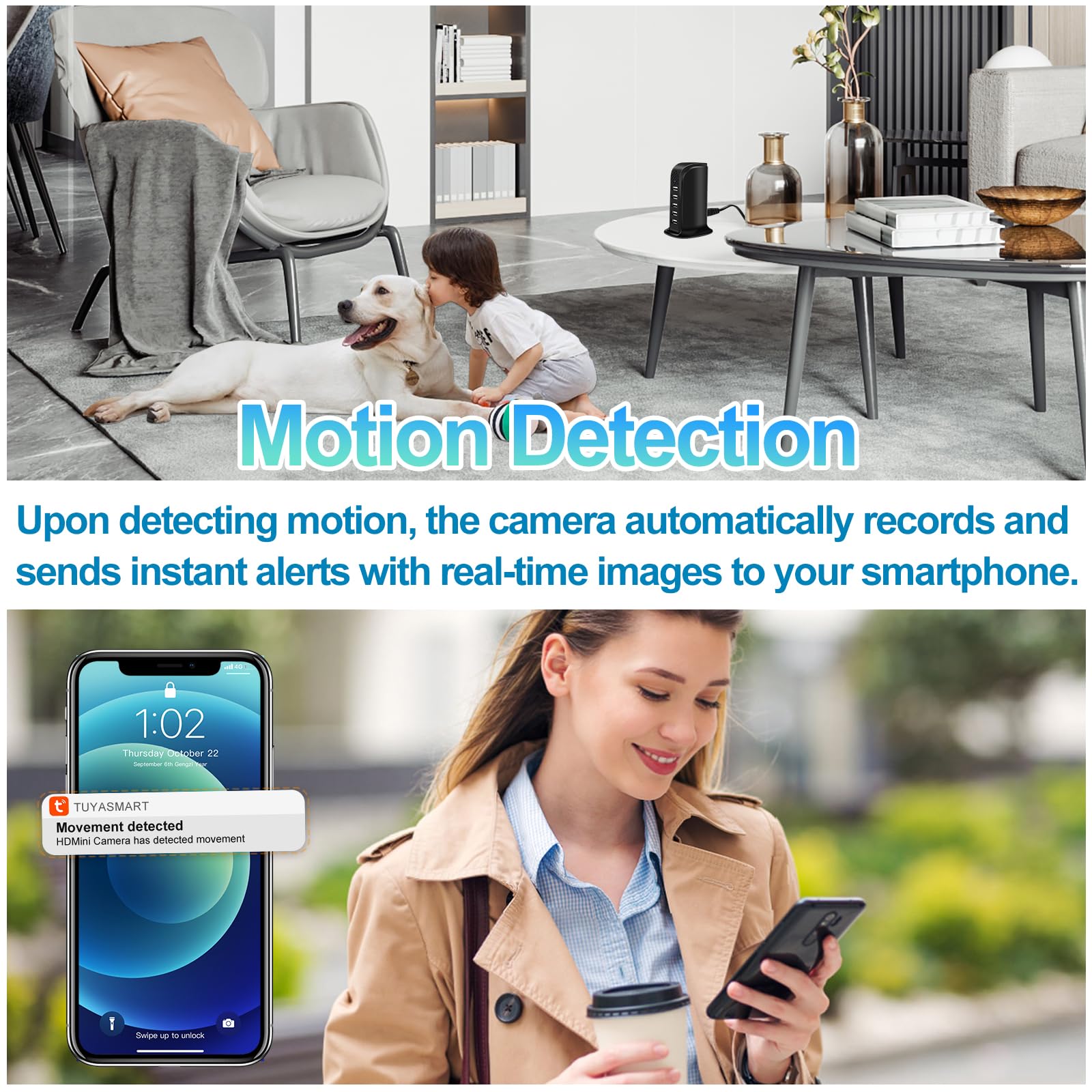 TANGMI Telecamera Spia WiFi, Hub di Ricarica 5-in-1 Mini Telecamera Spia Nascosta, WiFi 2.4G & 5Ghz 1080P HD con Rilevamento del Movimento e Avvisi Istantanei per Casa e Ufficio - 5