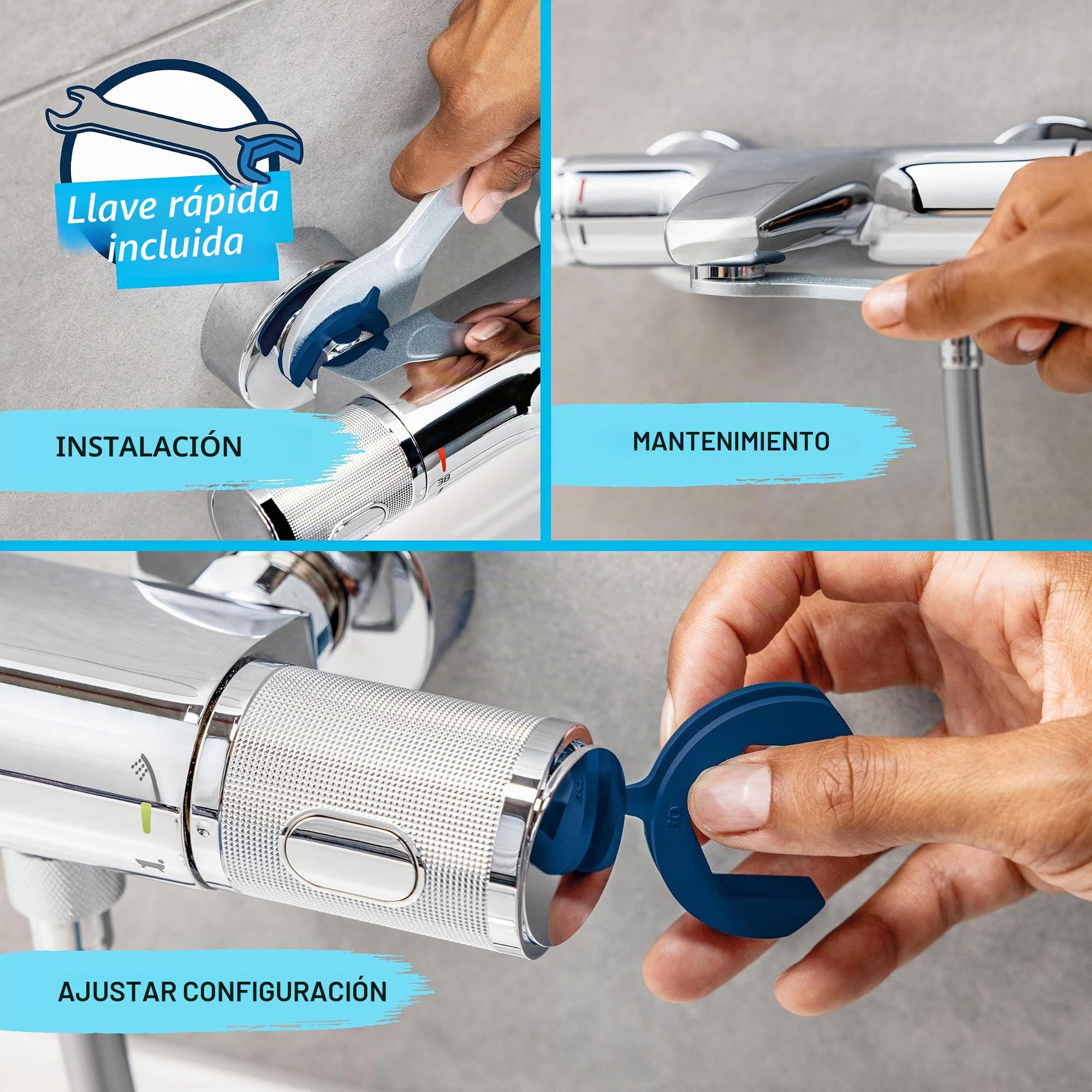GROHE Precision Start Conjunto de barra de ducha con termostato, 3 tipos de chorro, barra de ducha de 900 mm, incluye herramientas de instalación, cromo 34854001