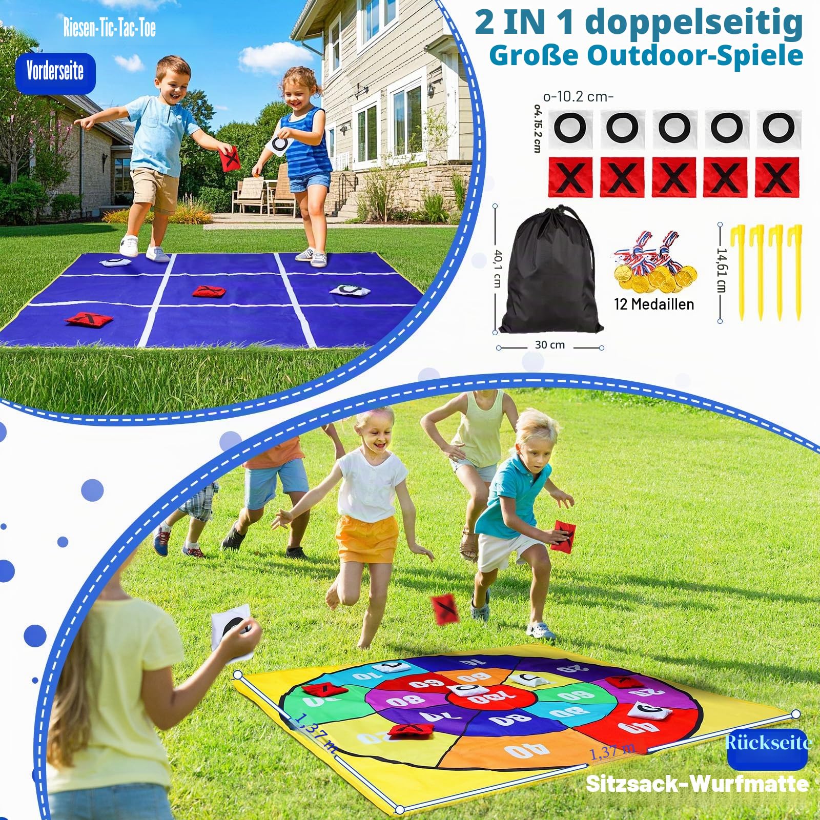 CWLAKON Outdoor Riesen Tic Tac Toe & Beanbag-Wurfspiel für Kinder und Erwachsene, Großes beidseitig bespielbares Garten- und Strandspiel