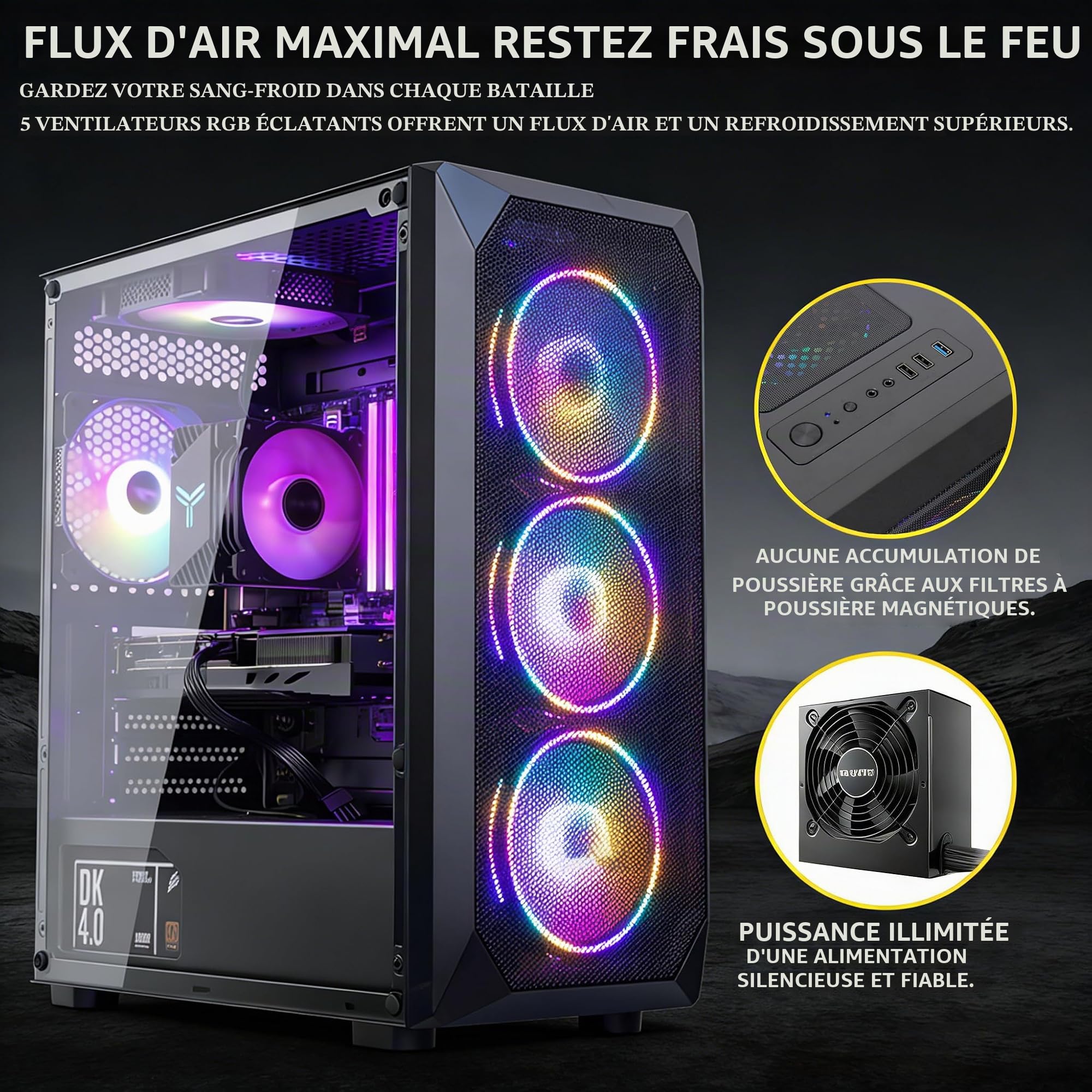 Gaming PC Ryzen 5 4500, GeForce RTX 3060, B450, 8GB 3200MHz DDR4 RAM, 500GB NVMe SSD, P550W, 5 RGB Fans, WiFi, Puissant PC de Jeu et de création