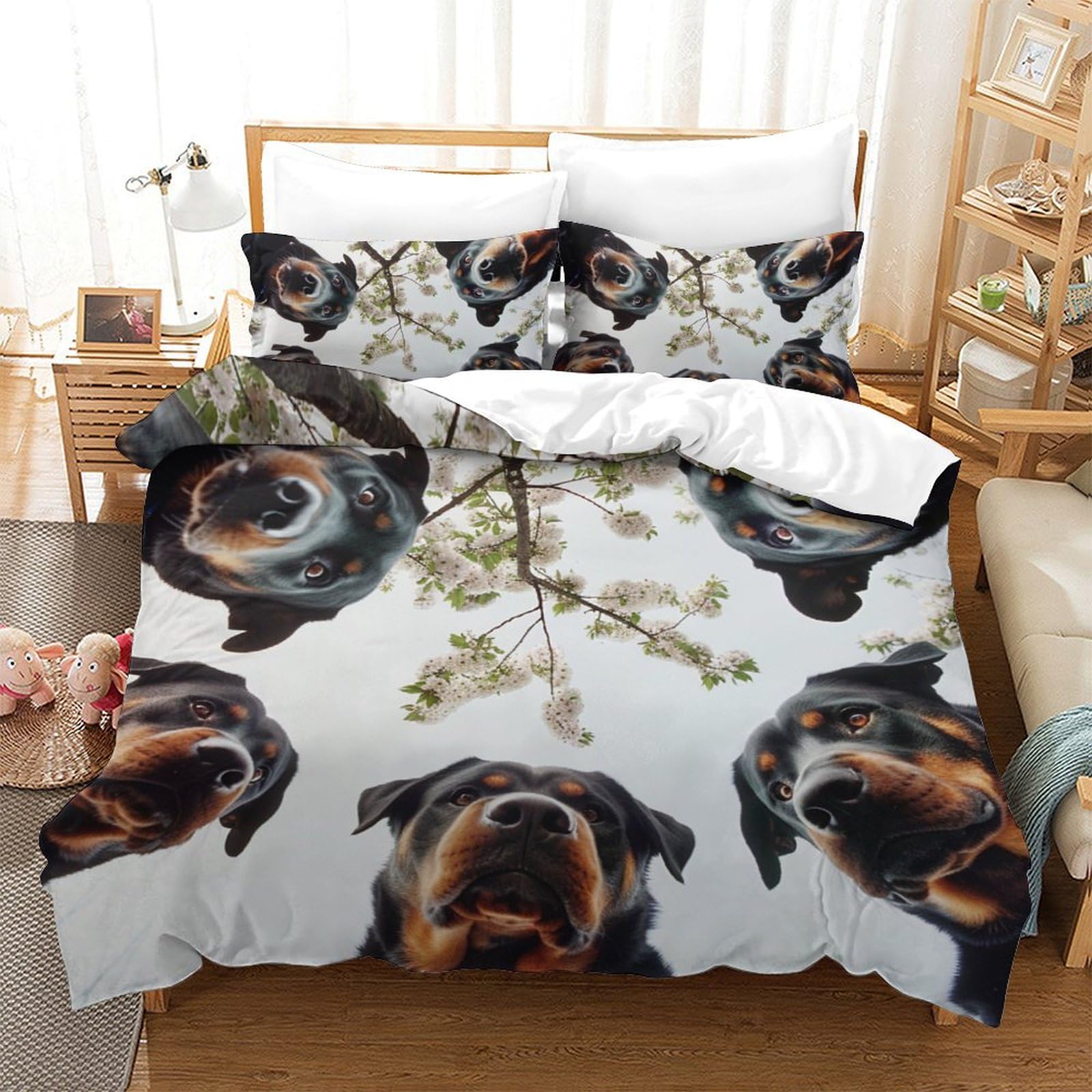 Housse de couette chien Rowena 3D en microfibre double 200x200 cm avec 2 taies d'oreiller