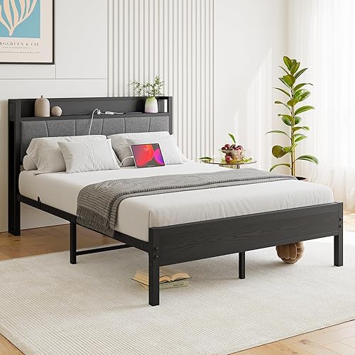 Miniatura 3 de BOFENG Base de cama de tamaño matrimonial negro con cabecera de almacenamiento, plataforma tapizada de metal, marco de cama doble tamaño matrimonial