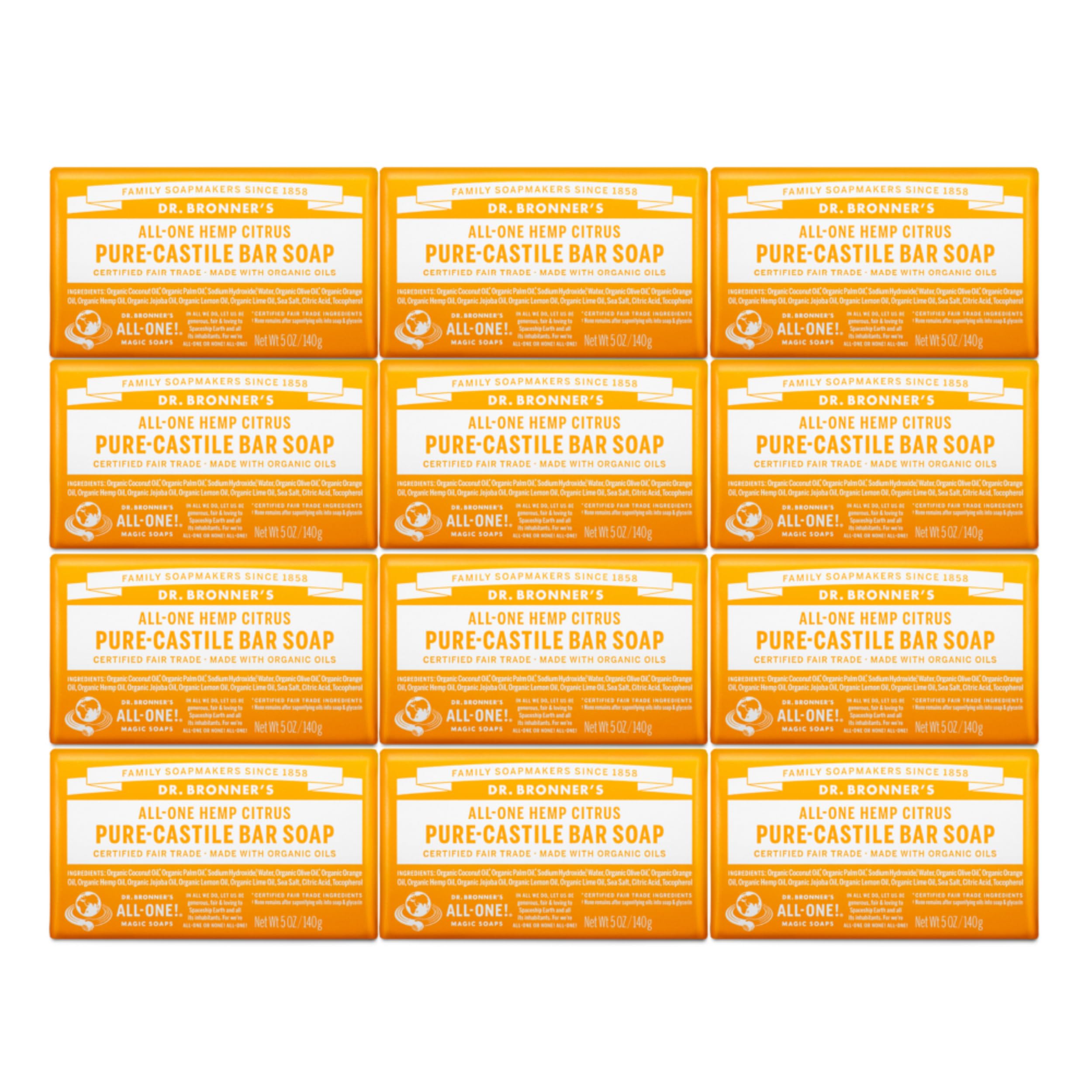 Dr. Bronner's - Pure-Castile Bar Soap - Citrus, Made w/Organic Oils, For Face, Body, & Hair, Gentle & Moisturizing, Smooth Lather, Biodegradable, Vegan, Cruelty-Free, Non-GMO (5oz, 12-Pack)