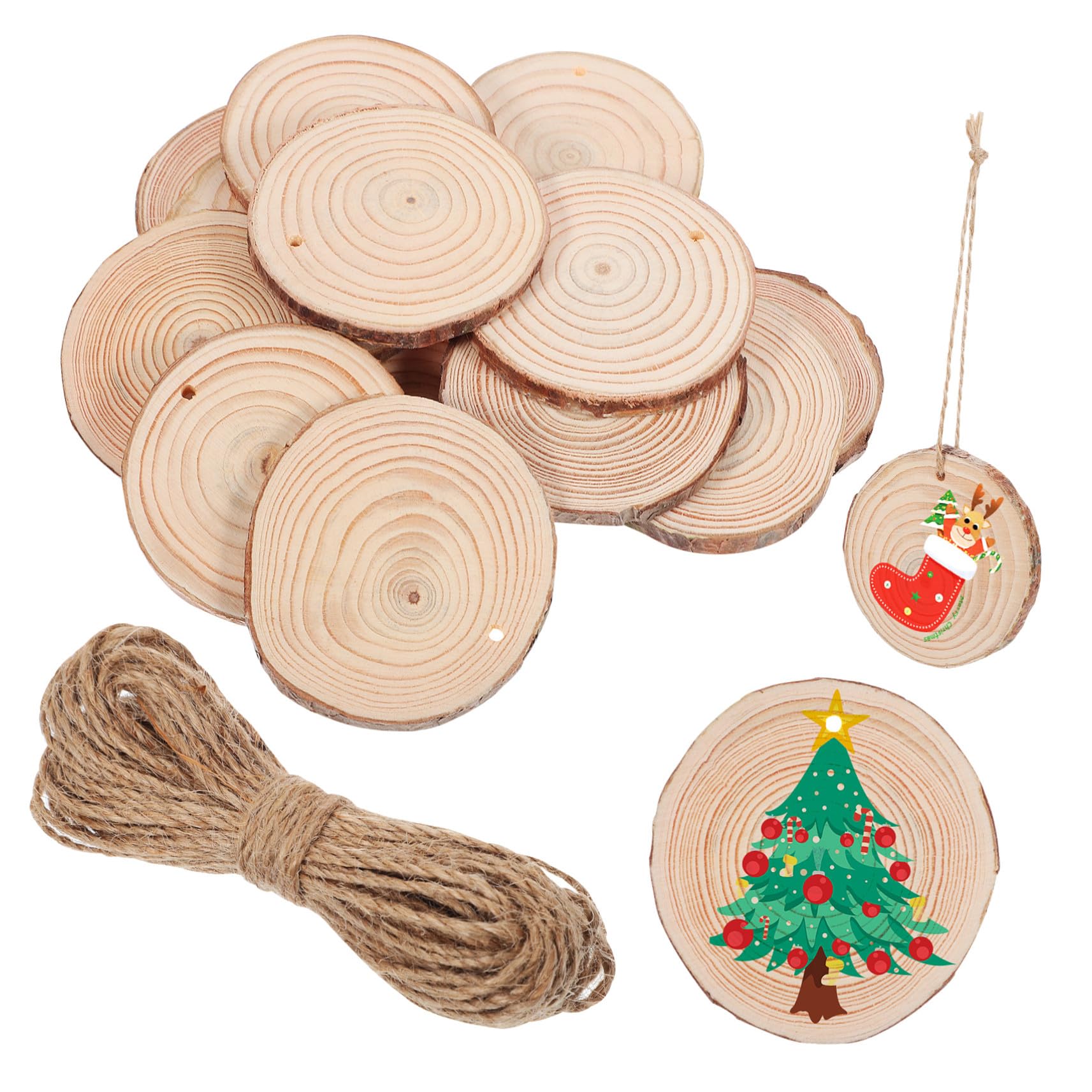 CLISPEED 50 Stück Holzscheiben mit Juteschnur Vorgelochte Naturholzscheiben zum Basteln DIY Holzornamente für Hochzeit Wanddeko Malen und Handwerk