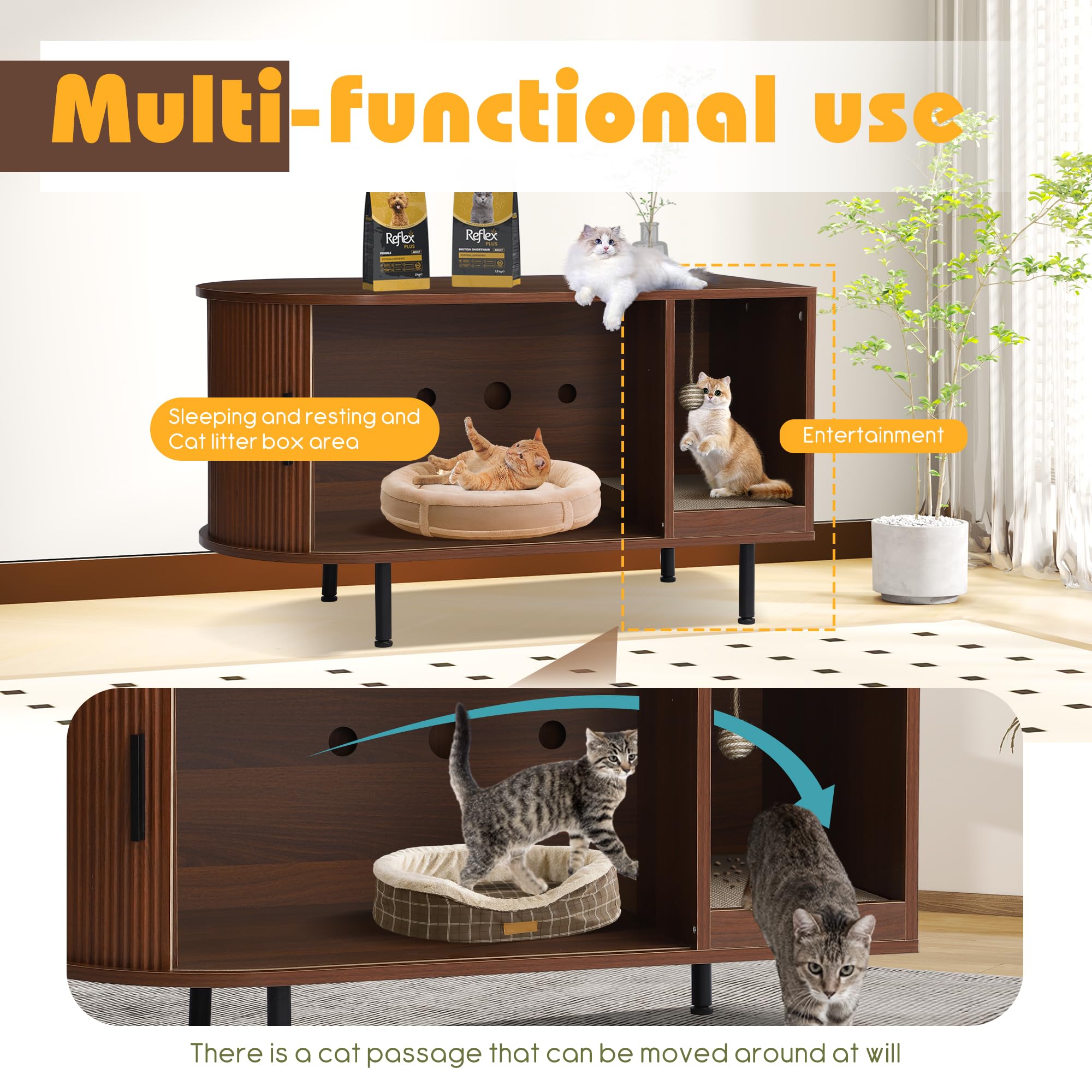 Cat Litter Box Enclosure, 37.4" Wooden Cat Washroom Furniture with Sliding Door, Fluted Hidden Litter Box Furniture with Scratch Pad and Sisal Ball, End Table TV Stand for Living Room (Brown) - image 3