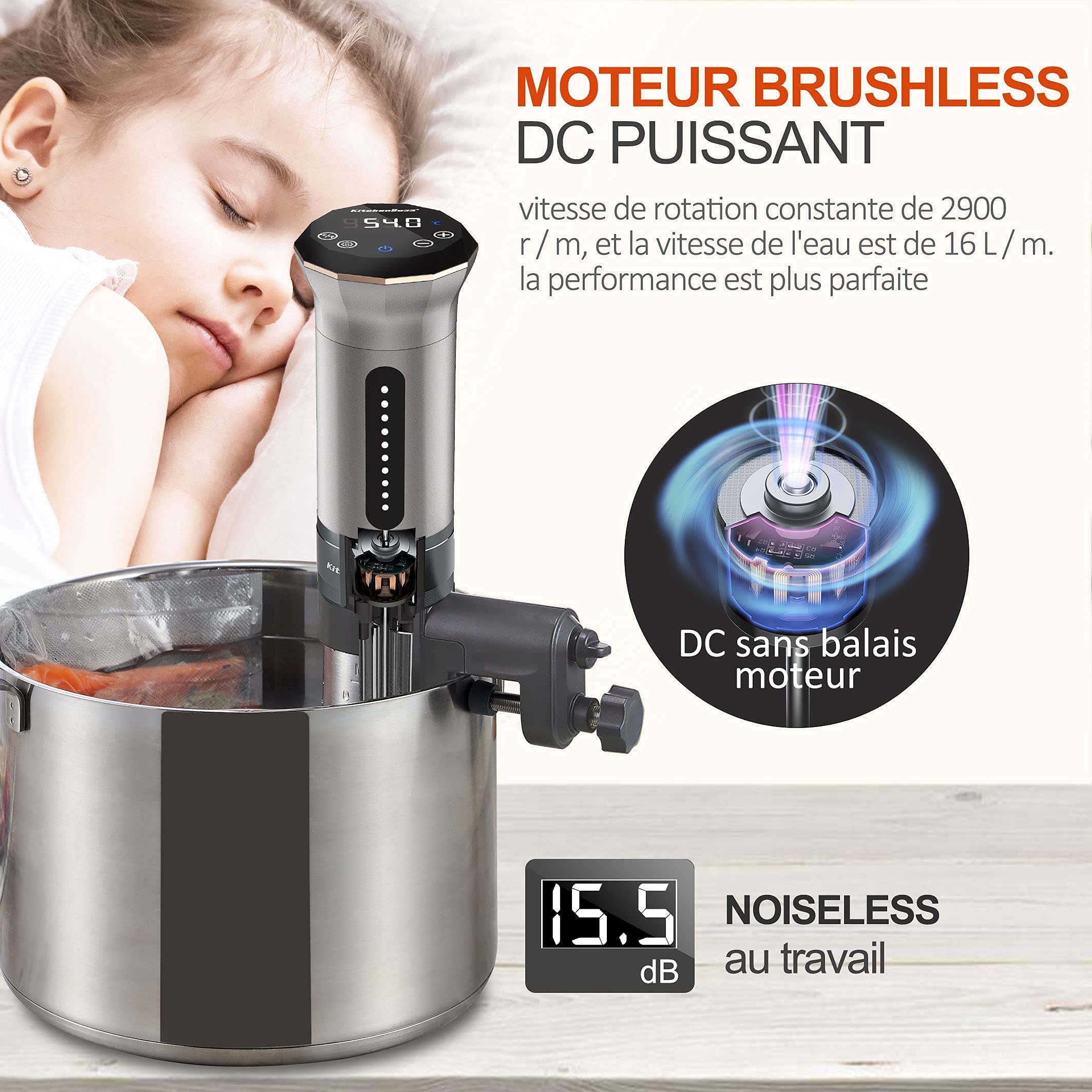 KitchenBoss Sous Vide Stick 1100 W: IPX7 resistente al agua Sous Vide Garer, ciculador de inmersión con pantalla LED y termostato ajustable para una cocción precisa, acero inoxidable plateado