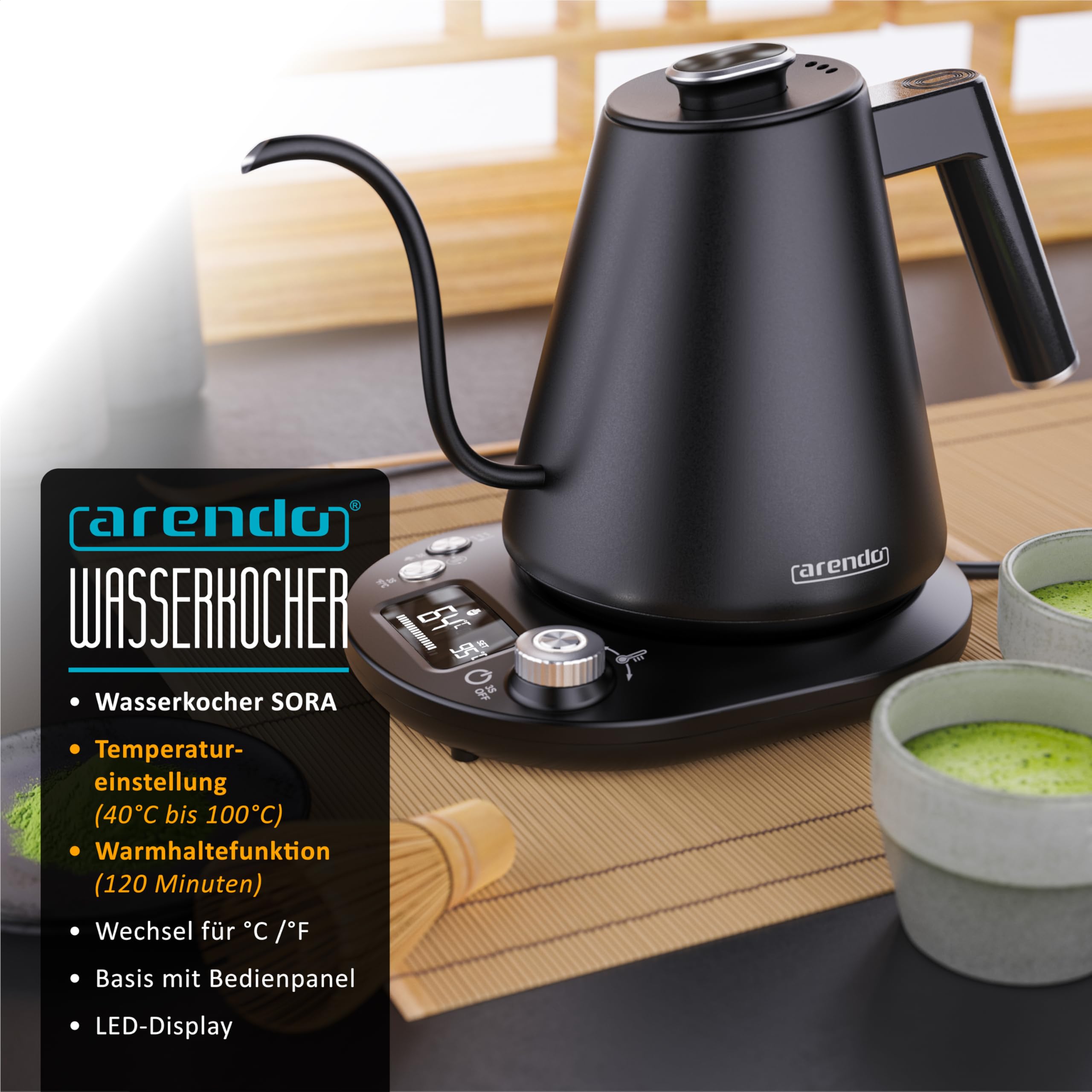 Arendo - Bollitore in acciaio inox con regolazione della temperatura - 1100 Watt - da 40° a 100° - Funzione di mantenimento in caldo 2 ore - 1 litro - Design bollitore - Indicatore di temperatura