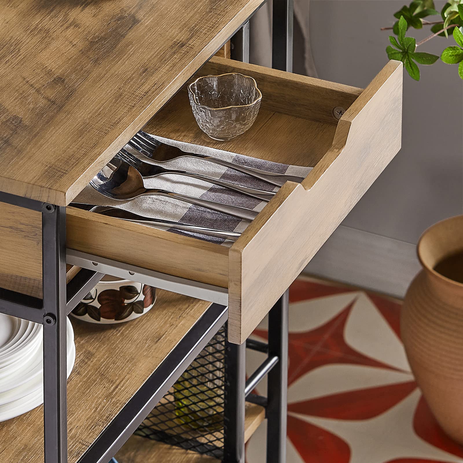 SoBuy Carrito Auxiliar con Ruedas, Carrito Cocina con 1 Cajón 3 Estantes y Estantes Laterales, Mueble Auxiliar de Cocina, Carro Herramientas Estilo Vintage 50 x 37 x 87 cm FKW99-N