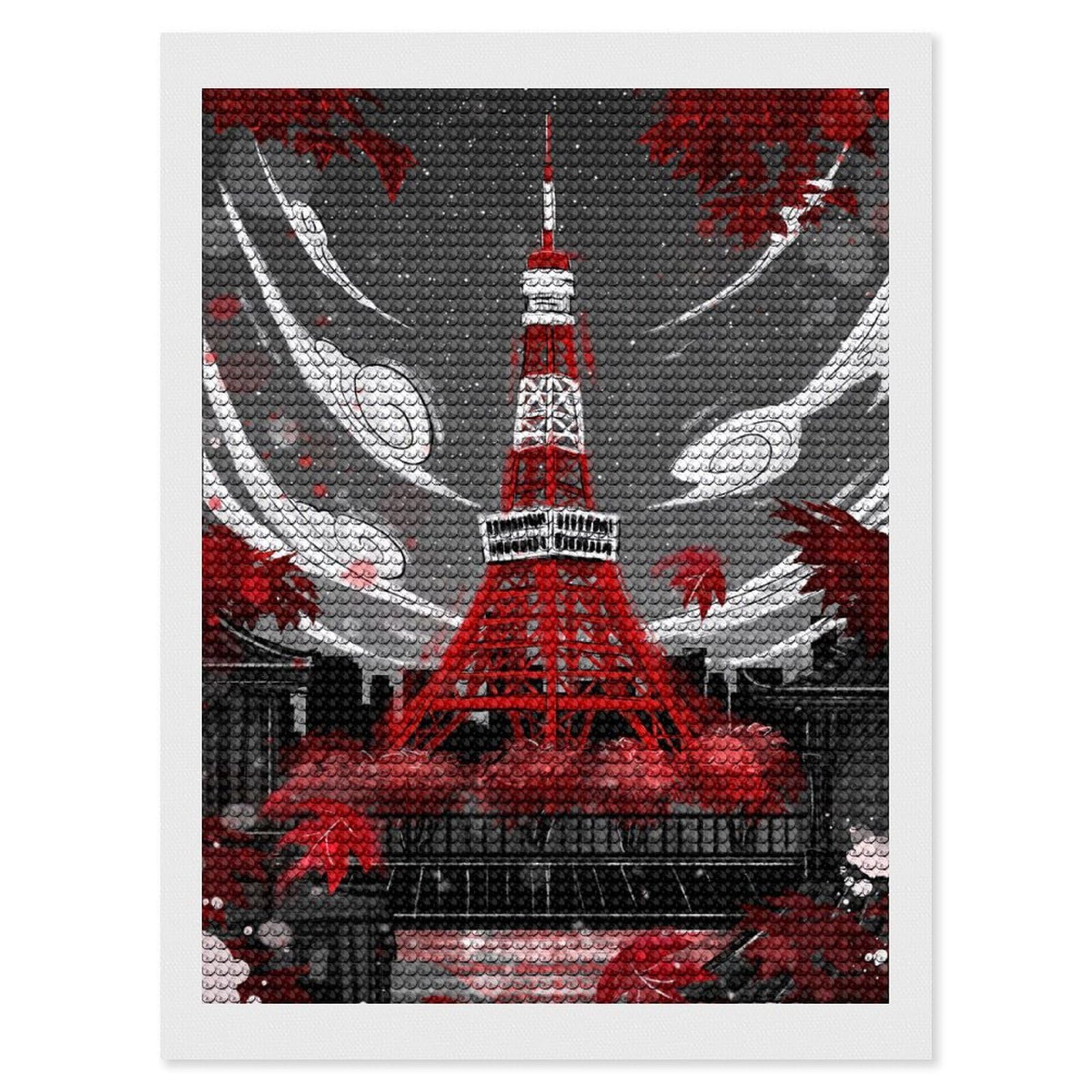 Junmoney Tokyo Tower in Red and Gray DIY Diamond Art Canvas Kit 12"x16", Simple to Start, Fun Craft Experience, Modern Decor, Gift Idea, Adhesive Canvas