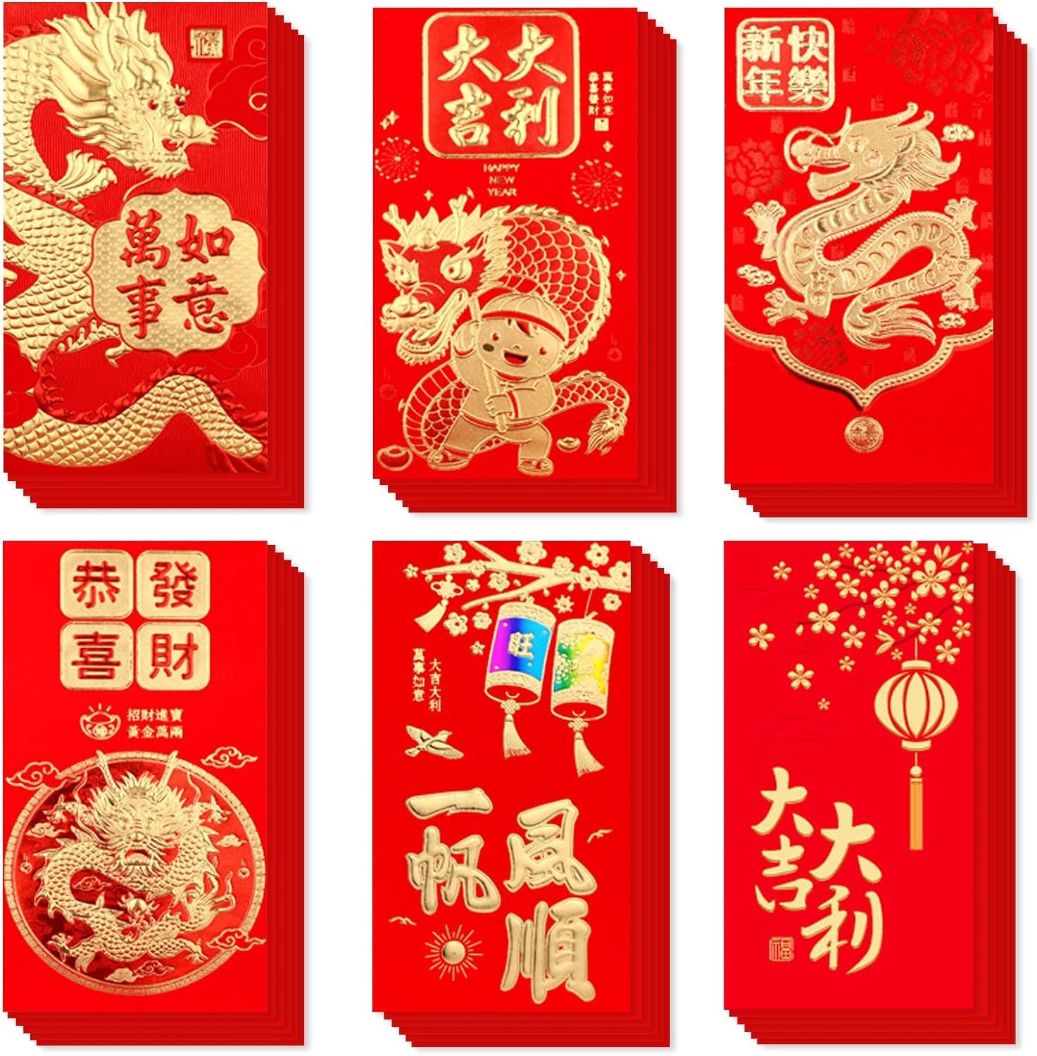 Kyayili 36 Pcs 2024 New Year Red Envelopes, 6 Design Red Packet China Chic Hong Bao of Dragon, Lucky Money Pocket for Lunar Year Spring Festival Birthday Wedding Party (6.69x3.54 inch)