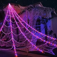 Vista 7 de Luces de telaraña de Halloween, 150 luces LED gigantes, 16.4 pies, decoraciones de Halloween iluminadas con 8 modos de iluminación, impermeable