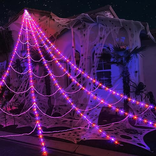 Miniatura 7 de Luces de telaraña de Halloween, 150 luces LED gigantes, 16.4 pies, decoraciones de Halloween iluminadas con 8 modos de iluminación, impermeable y