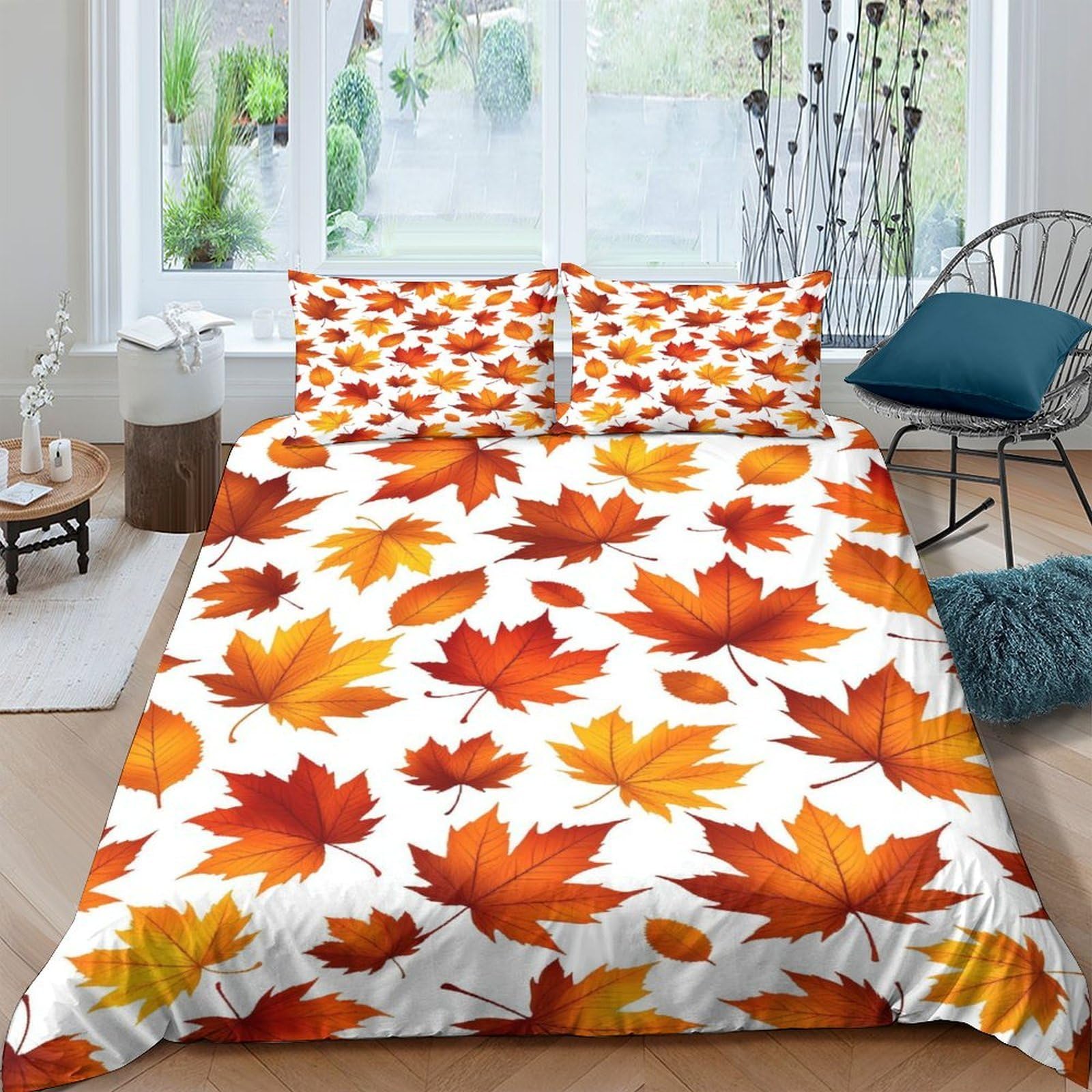 Ctjqhvkz Style-8 3D Printed Autumn Maple Leaf Fitted Sheet Microfiber Soft Breathable Fall Leaves Bed Cover For Bedroom Dorm Decor Single（135X200cm）