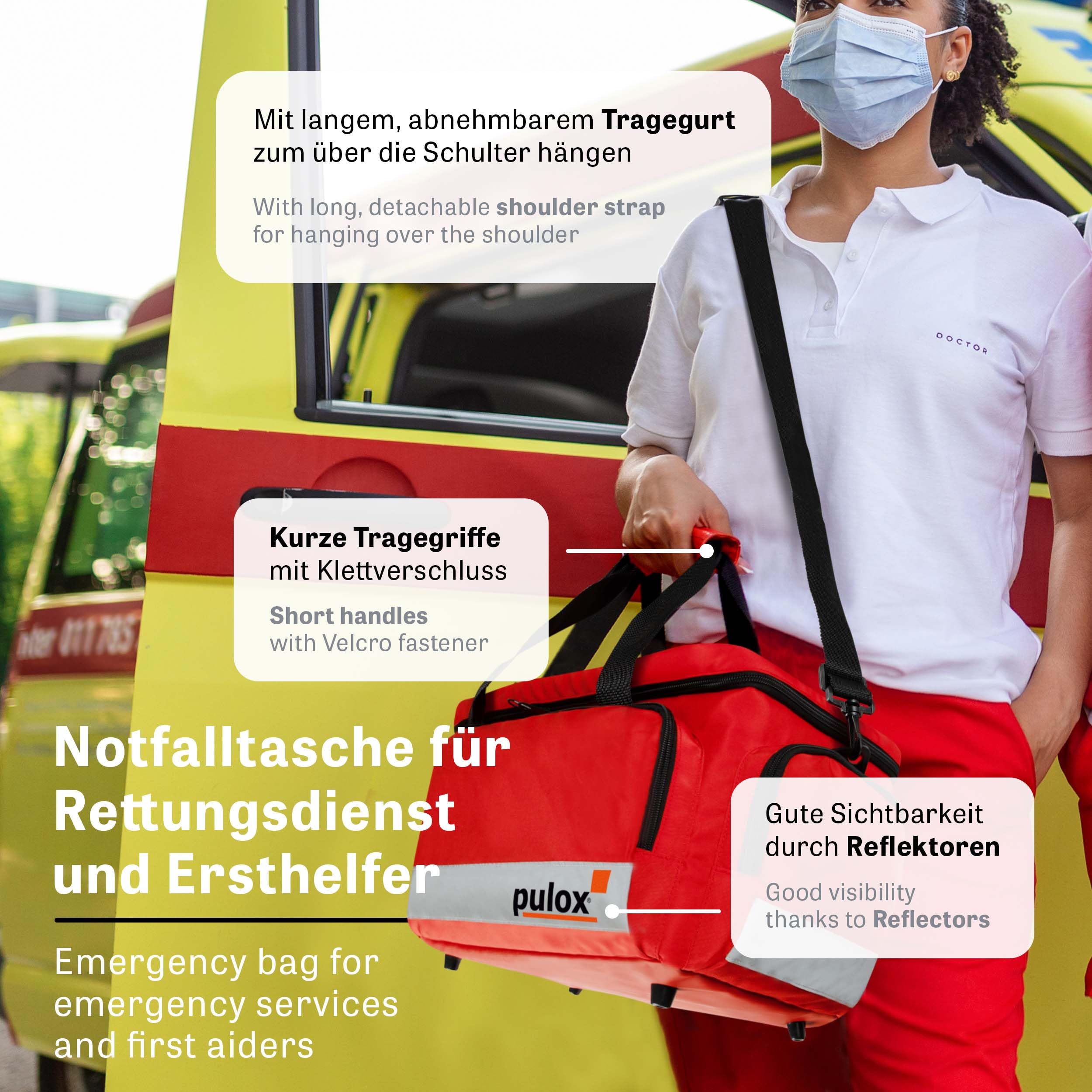 PULOX Notfalltasche mit Befüllung & Pulsoximeter PO-200 Solo Rot | Große professionelle Sanitätstasche aus Nylon, sofort einsatzbereit für Rettungsdienst, Praxis und Notfallversorgung