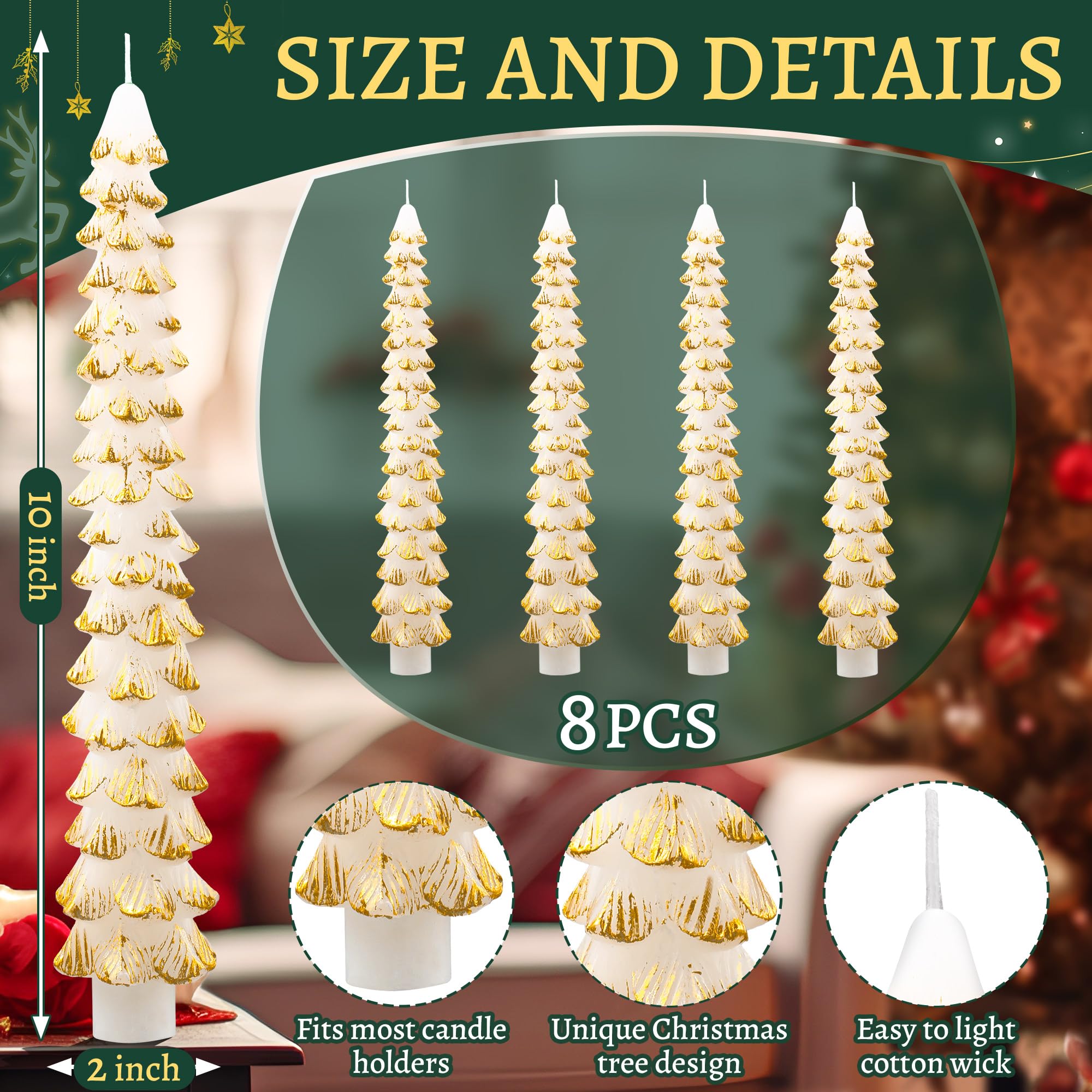 Lot de 8 bougies en cire d'abeille non parfumées en forme d'arbre de Noël de 25,4 cm pour décoration de Noël, fête, banquet, centre de table (blanc avec bordure dorée)