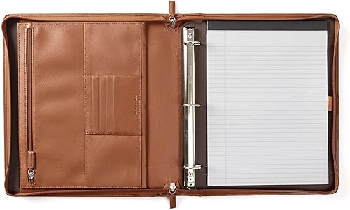 Leatherology Padfolio de coñac y carpeta de 3 anillas con bolsillo interior con cremallera para tableta