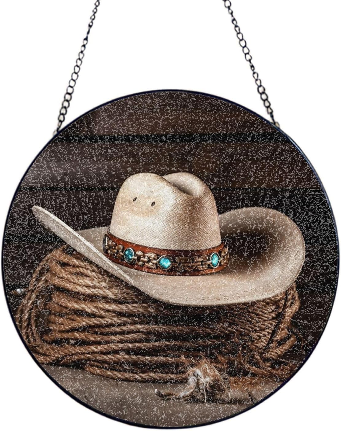 Stained Glass Window Hanging American West Rodeo Hat Sun Catchers Indoor Outdoor Decor Window Suncatcher Door Garden Sunroom Sun Catcher Home Decor Birthday Christmas for Mom Men