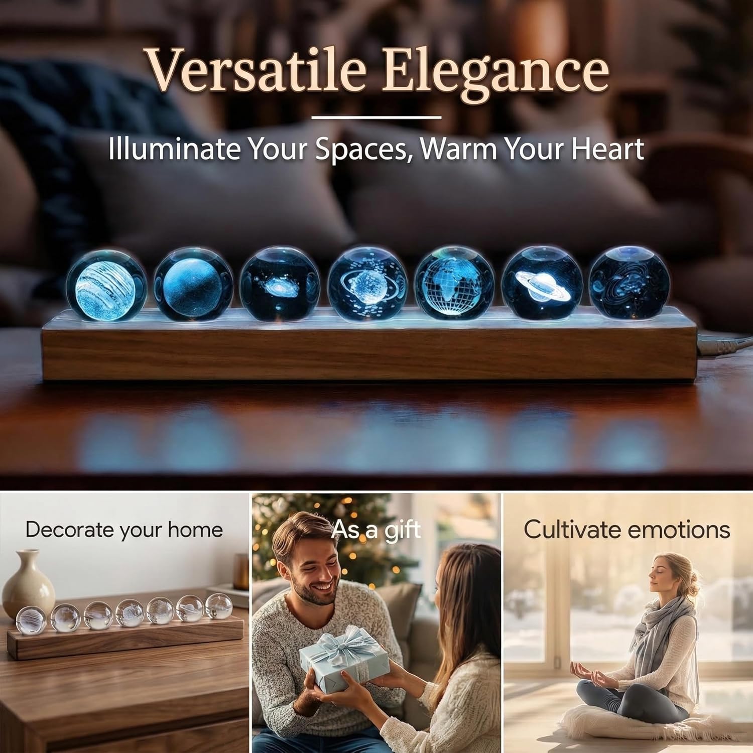 7 Pcs Planet Crystal Ball Night Light Lamp with LED Wooden Base, Astronomy Gifts,3D Galaxy Moon Saturn Crystal Ball Nightlight for Meditation Positive Energy Decoration Balls Set for Home