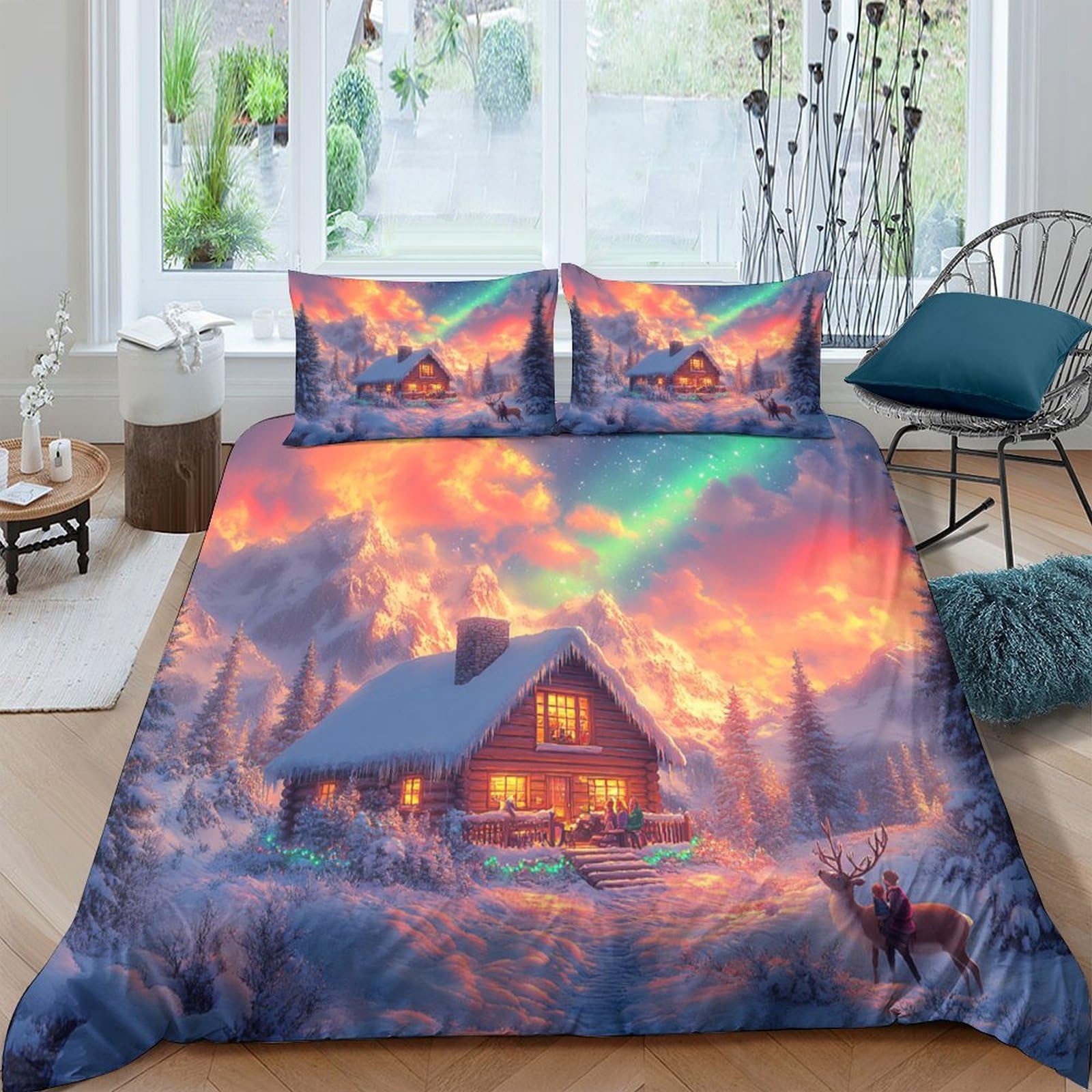 Ctjqhvkz Style-3 3D Printed Winter Cabin Fitted Sheet Microfiber Soft Breathable Aurora Sky Mattress Cover For Bedroom Guest Room Decor Single（135X200cm）