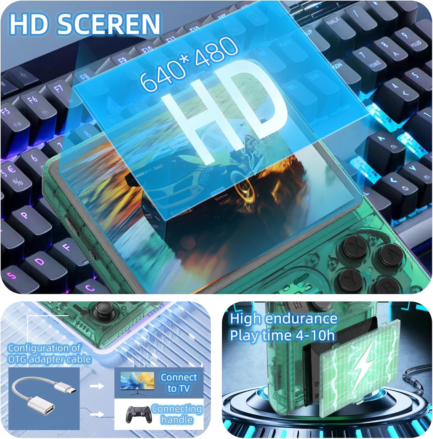 R40S PRO Retro Gaming Console, 30000+ HD Games Handheld Game Console, 3800mAh Rechargeable Mini Retro Video Console with 256GB TF Card, Portable Pocket Arcade (Transparent Green) - Image 4