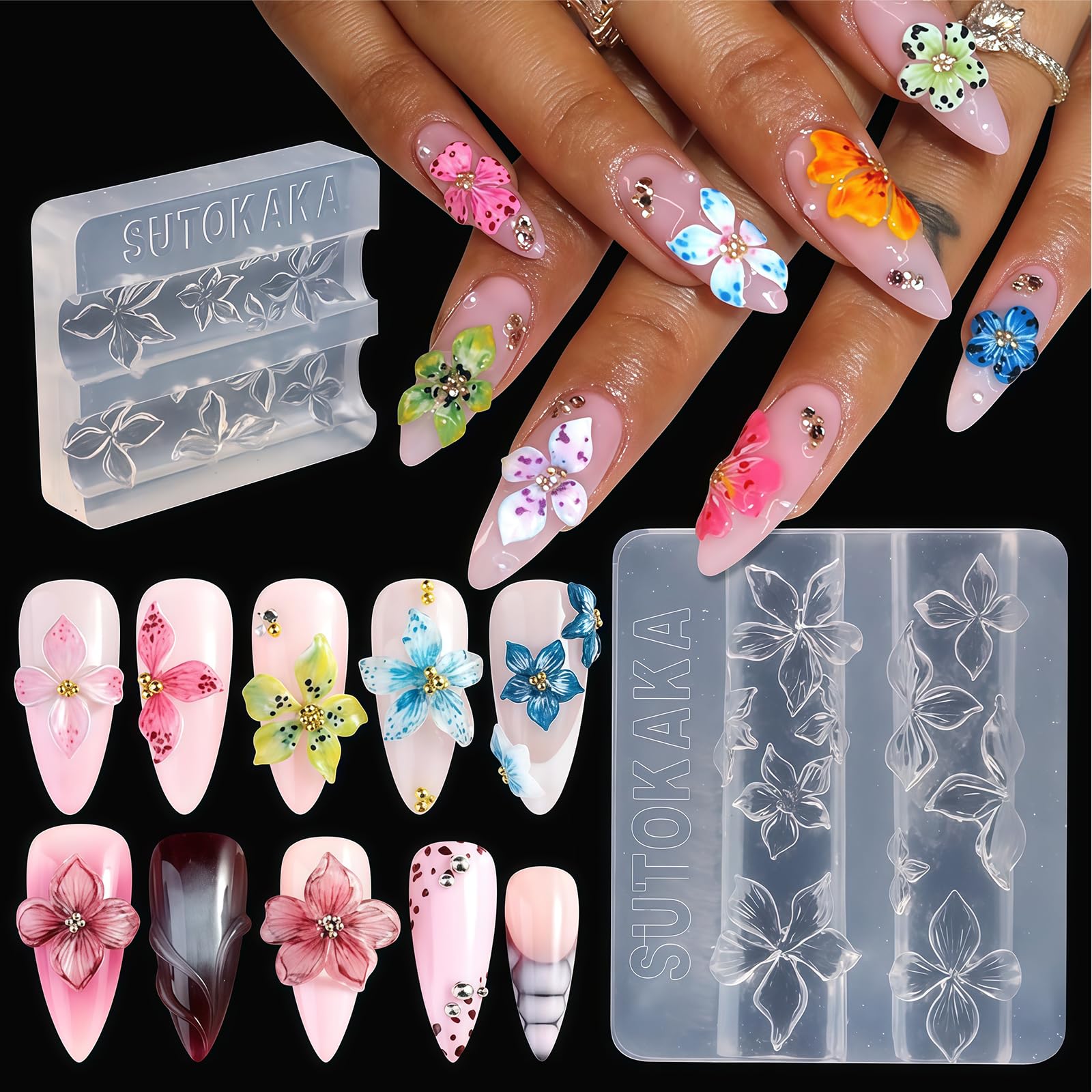 Nails Mold, Stampo per Unghie per Nail Art con Forma in Silicone a Fiori, 3D Gel Nail Art Stampo per Accessori DIY Manicure