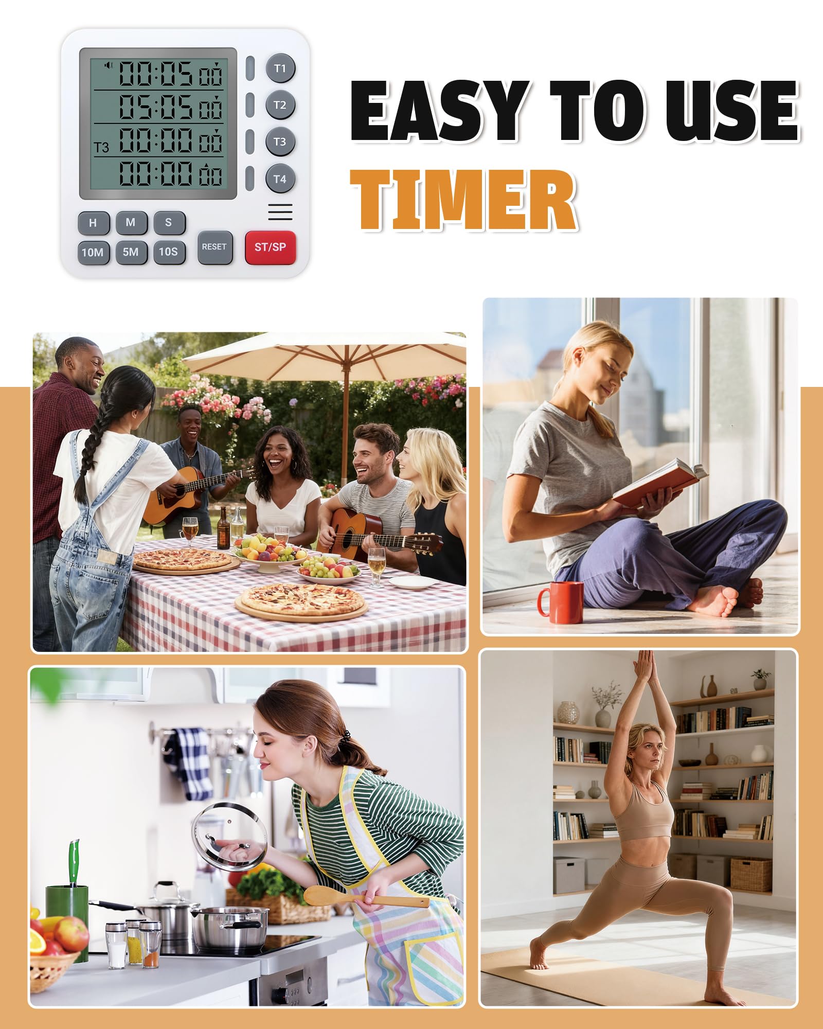 TPNEG Cyfrowy zegar kuchenny – 4-kanałowy timer gotowania z alarmem, magnetyczny tył, tryb głośny i cichy, odliczanie w górę/w dół, idealny do piekarników, seniorów, dzieci i sal lekcyjnych, wymienna