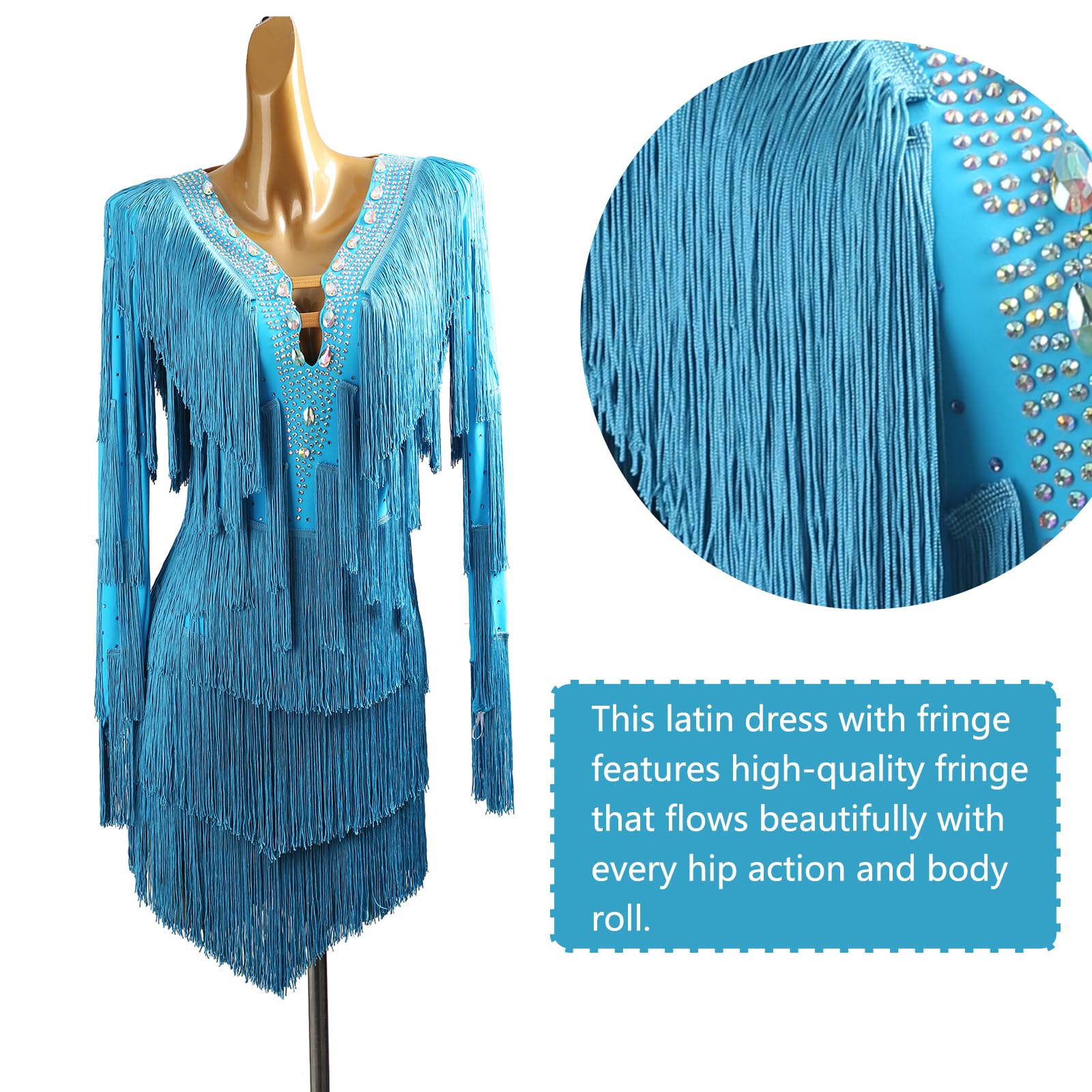LIUHUO Latein-Tanzkleid, Ballsaal, Wettkampfkleid, Damen, Blau | Tango Ballsaal Tanzkostüm Fransen Flapper Langarm Glänzend Diamant