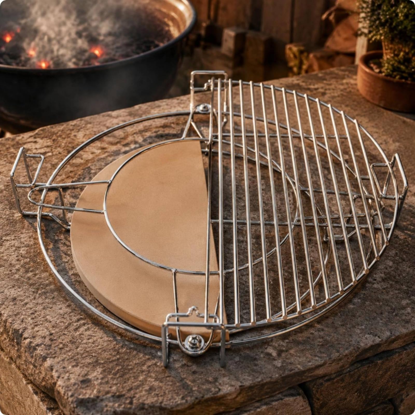 Qianly Pizzastein Grill Pizzaplatte Backstein Backplatte mit Griffigem Edelstahlrahmen aus Cordierit für Einfache Entnahme Und Gleichmäßiges Rösten für grill, 16 Zoll