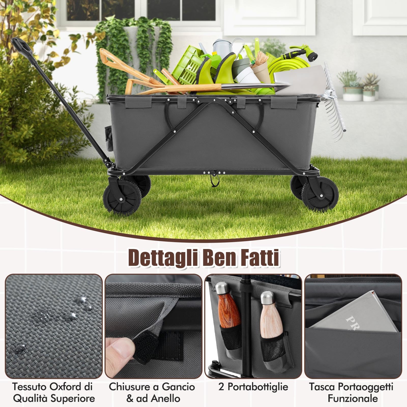 COSTWAY Carrello da Spiaggia Pieghevole 170 L, Carrello con Ruote Portatutto con Maniglia Regolabile e 360° Ruote, Portabottiglie e Tasca Portaoggetti, Carretto Giardino per Campeggio (Grigio)