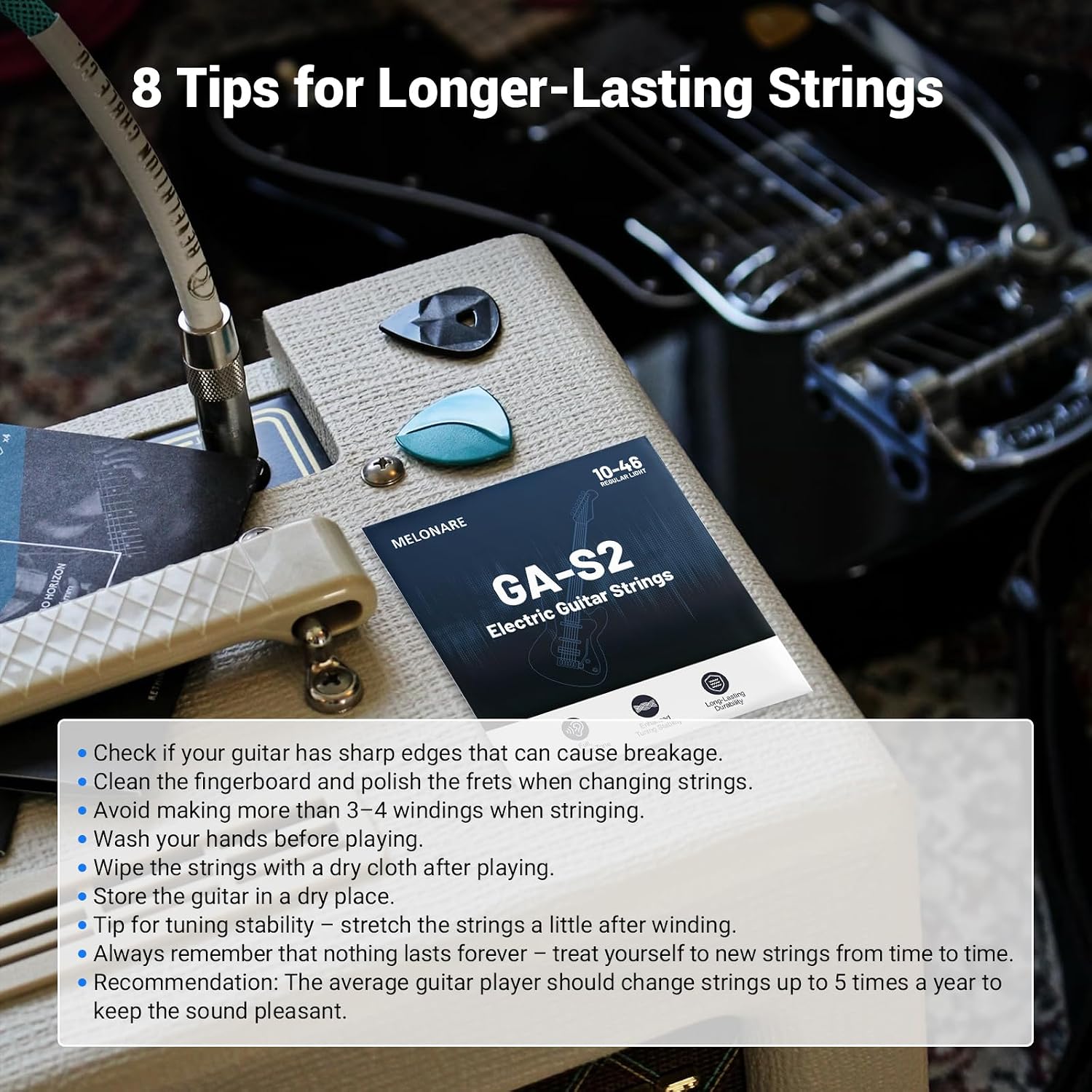 MELONARE Electric Guitar Strings, Ball-End Guitar Strings with Nickel-Plated Steel Winding, Hex Core & Anti-Rust Coating, 10–46 Regular Light Gauge, 5-Pack (GA-S2-5)